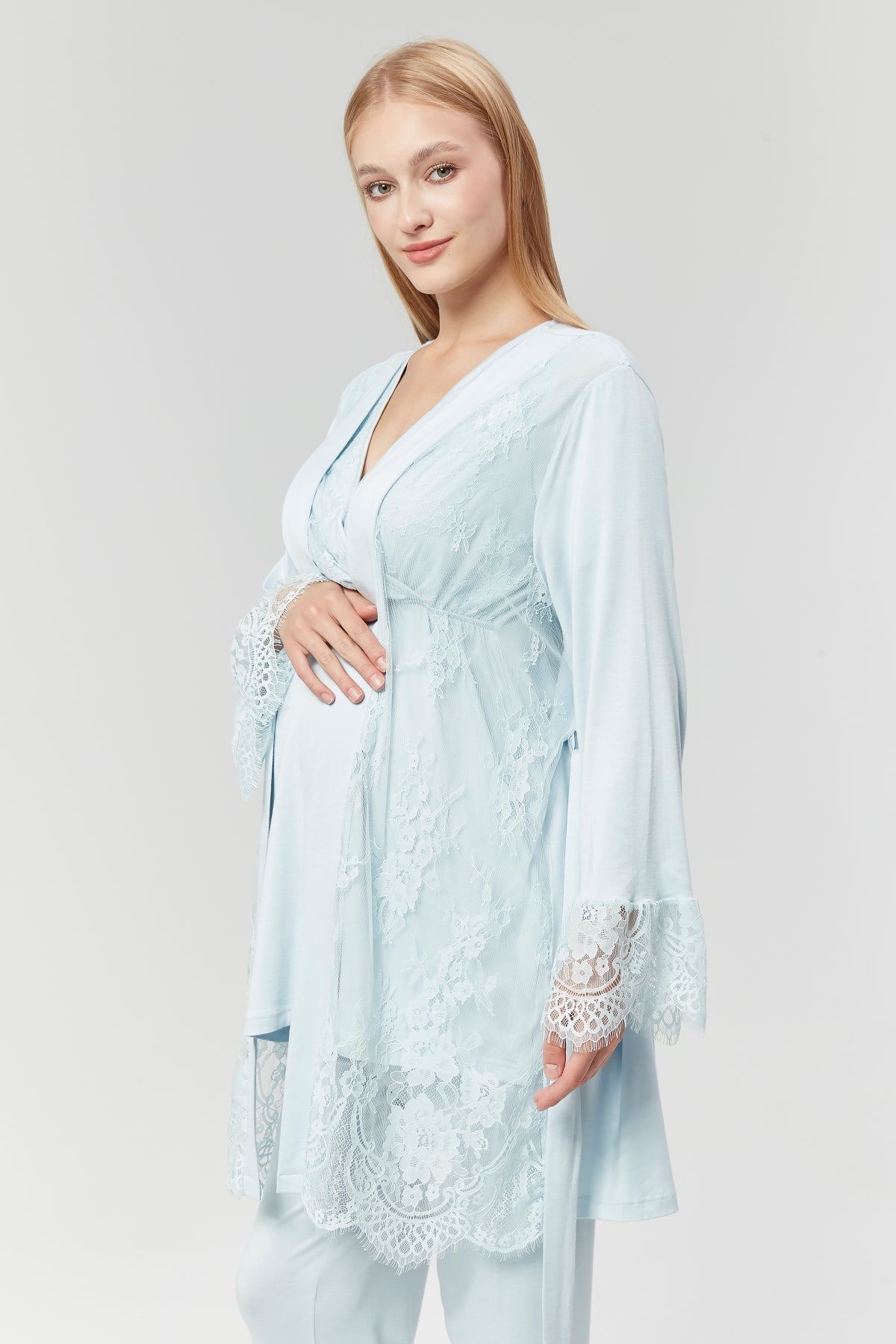 Mavi Dantel Sabahlıklı Kruvaze Lohusa Pijama Takımı