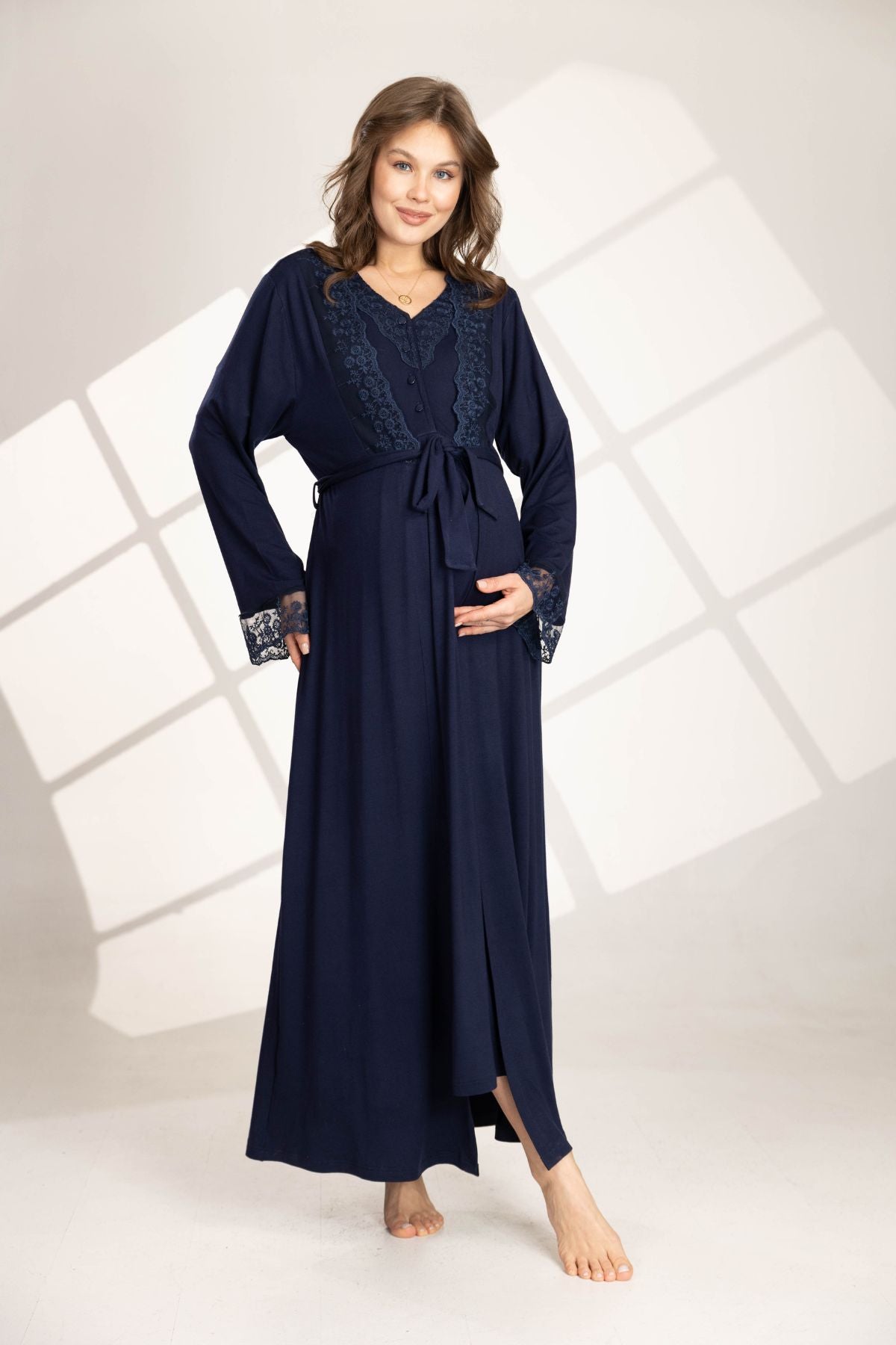 Lacivert Güpür Detaylı Sabahlıklı Lohusa Gecelik Takımı 562