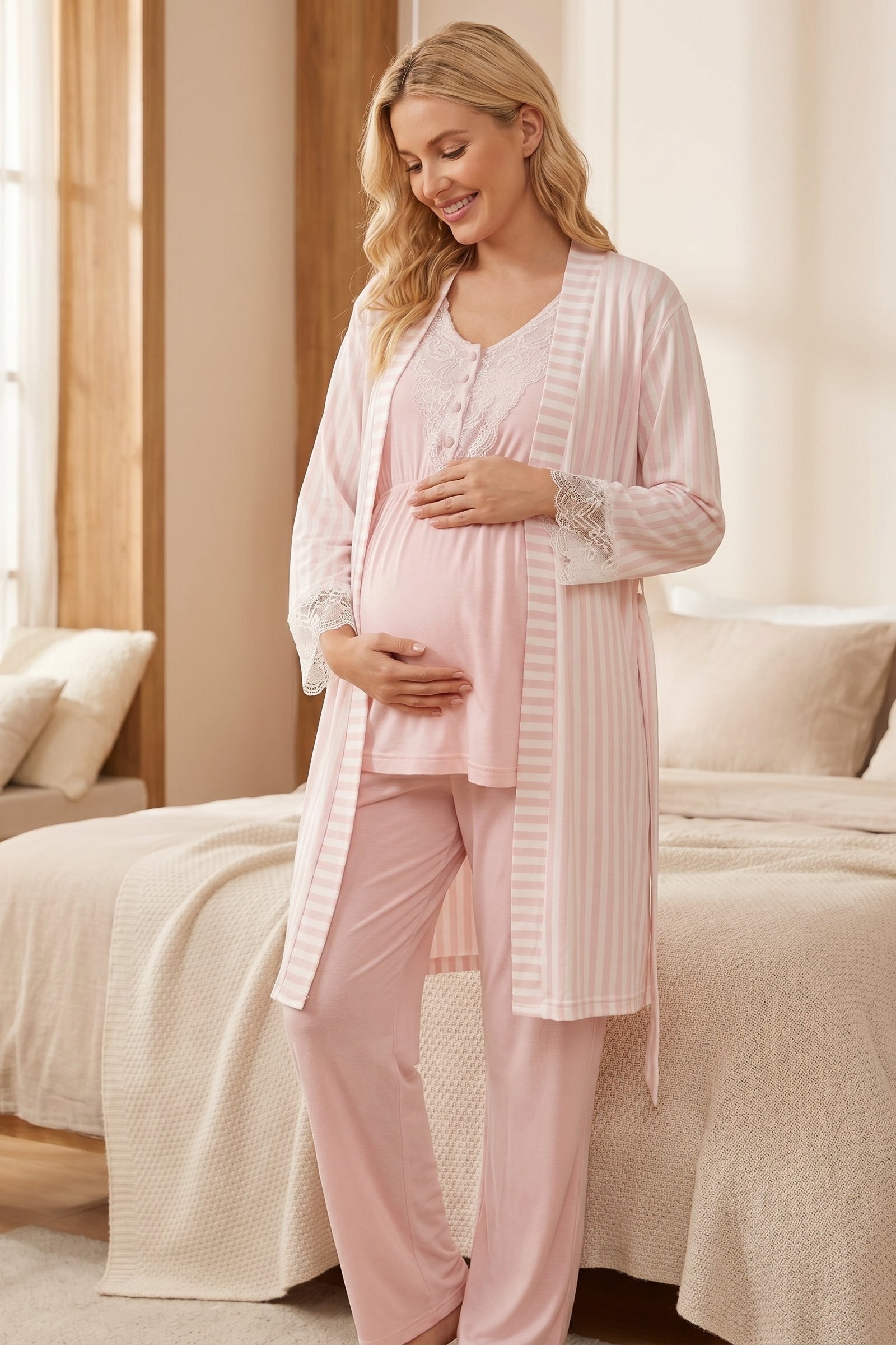 Yeni Sezon Pembe Çizgili Sabahlıklı Lohusa Pijama Takımı-2053