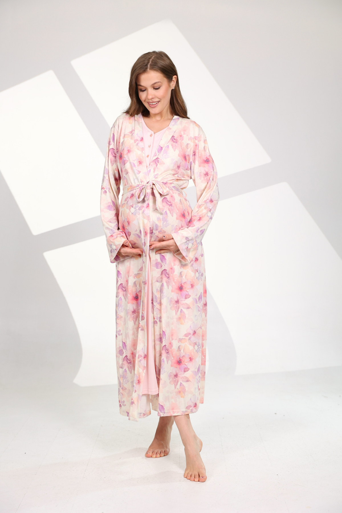 Çiçek Desenli Yumuşak Dokulu Sabahlıklı Lohusa Gecelik Takımı- 700