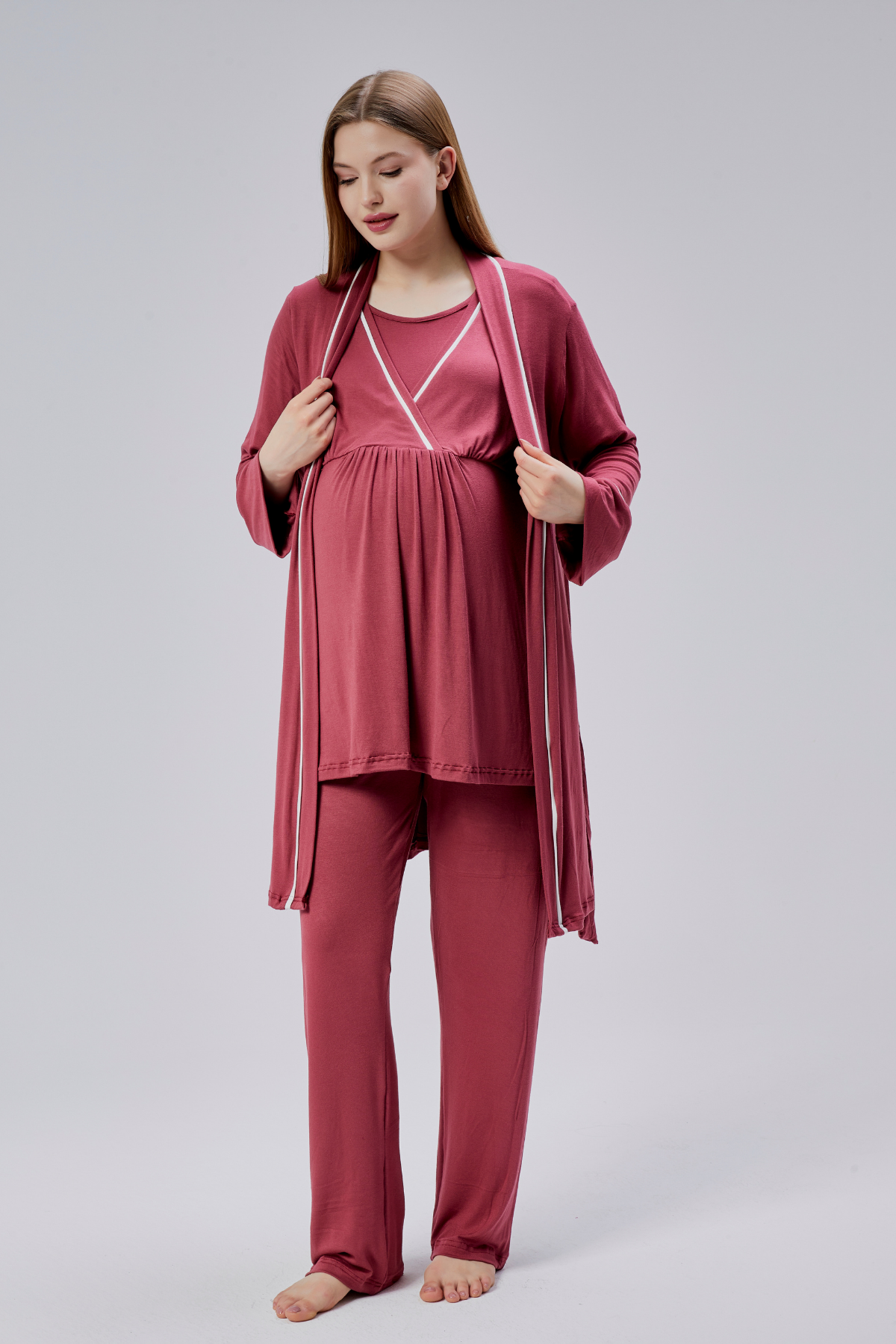 Narçiçeği Biyeli Sabahlıklı Lohusa Pijama Takımı-0810