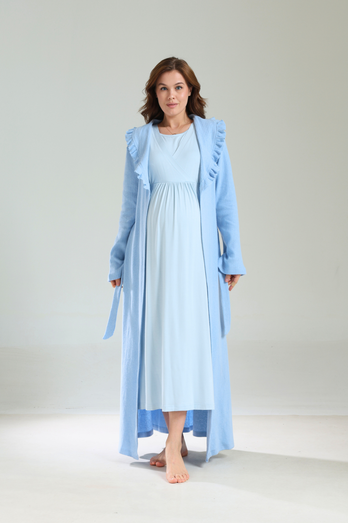 Mavi Bebe Yaka Kalın Yumuşak Sabahlıklı Lohusa Gecelik Takımı 1038