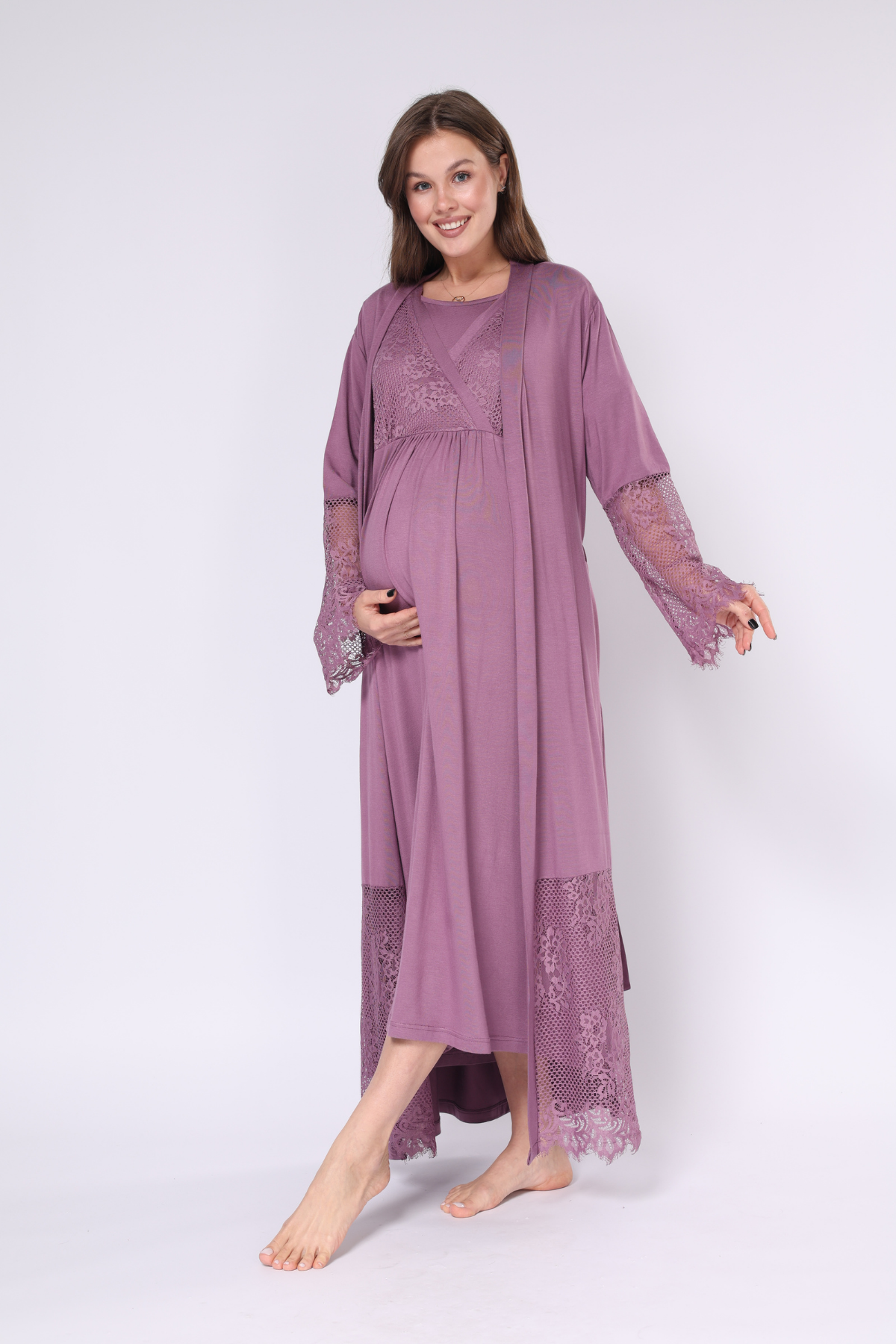 Mürdüm Dantel Detaylı Tasarım Sabahlıklı Kruvaze Lohusa Gecelik Takımı - 551