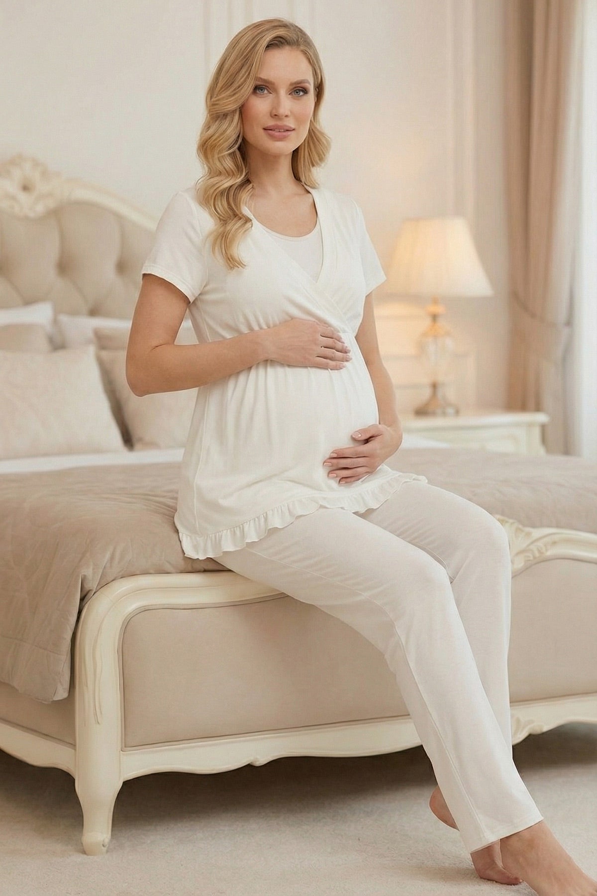 Yeni Sezon Fırfır Yakalı Sabahlıklı Kruvaze Lohusa Pijama Takımı-2011