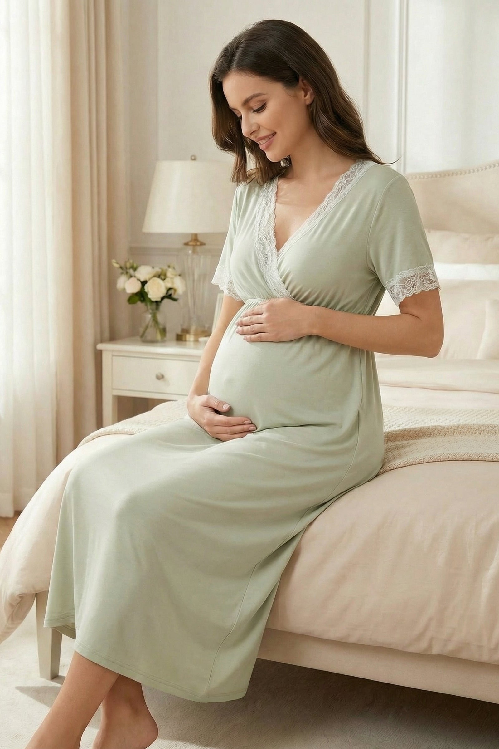 Yeni Sezon Sabahlıklı Dantel Biyeli Kruvaze Lohusa Gecelik Takımı-2033