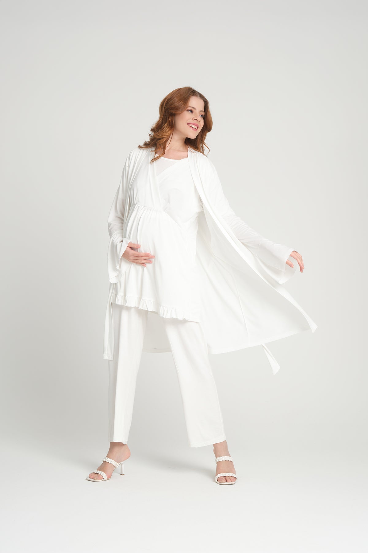 Volan Kol Sabahlıklı Kruvaze Lohusa Pijama Takımı - 2378