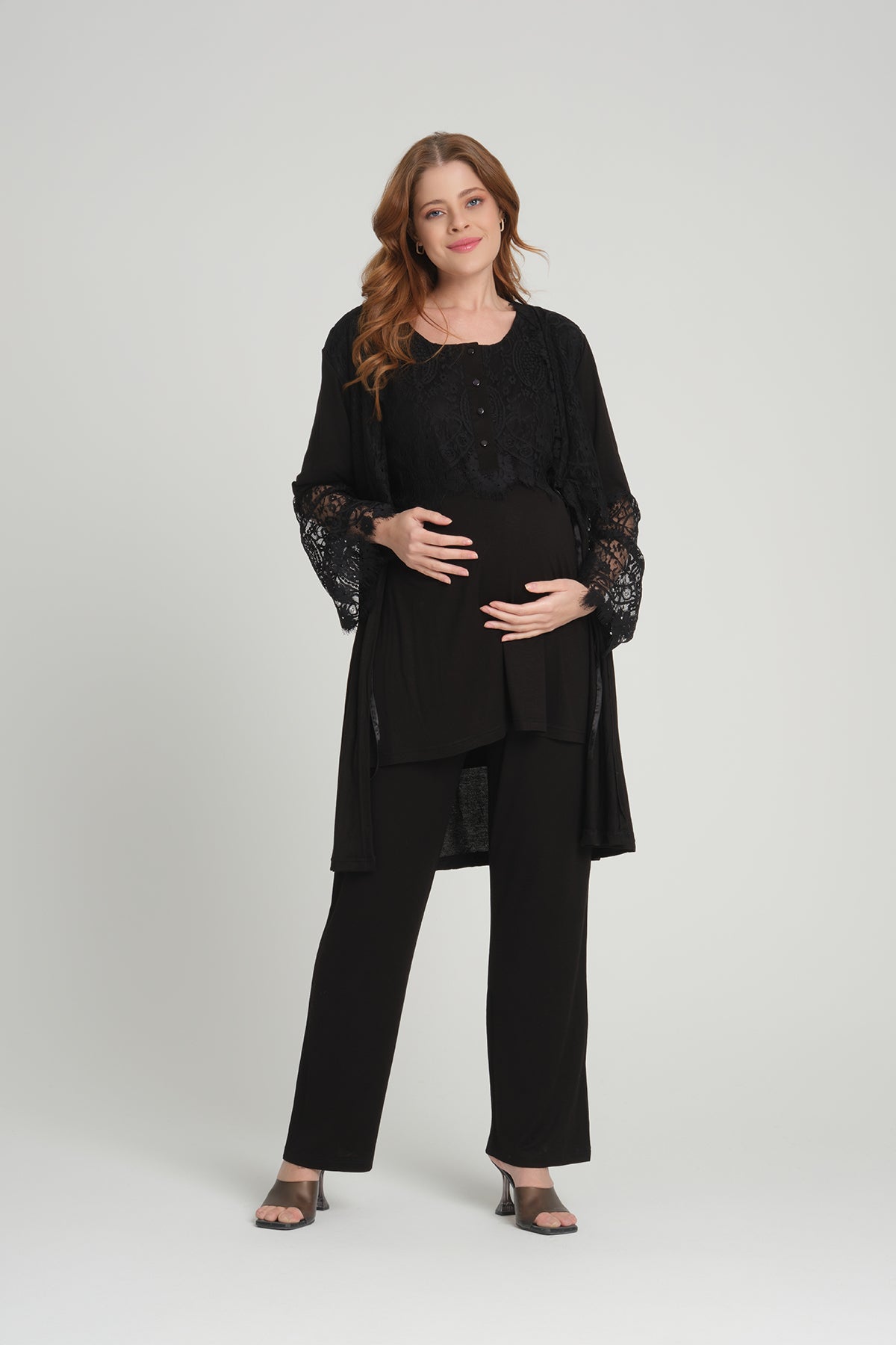 Siyah Dantel Kollu Sabahlıklı Lohusa Pijama Takımı