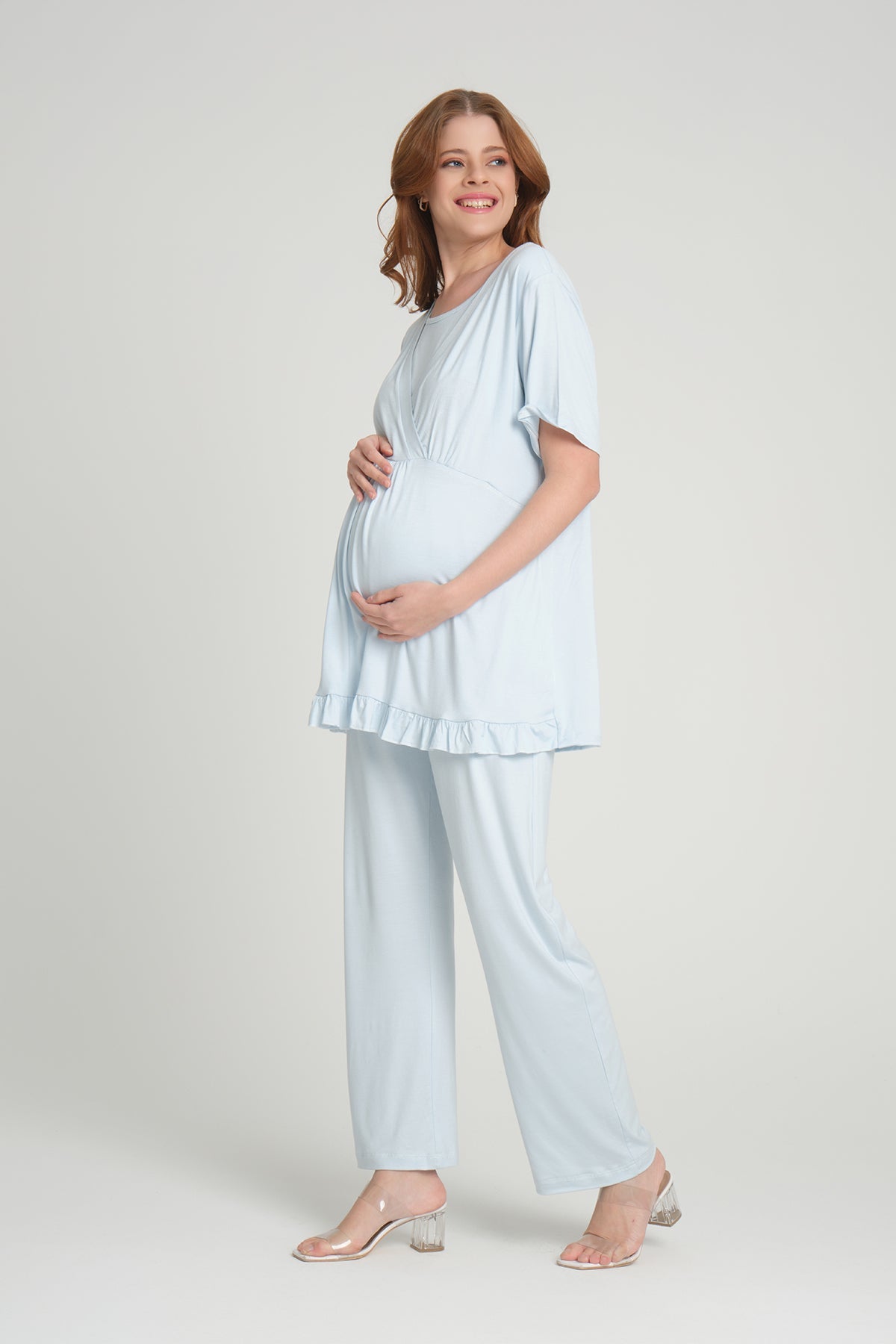 Mavi Volan Kol Sabahlıklı Kruvaze Lohusa Pijama Takımı - 2364