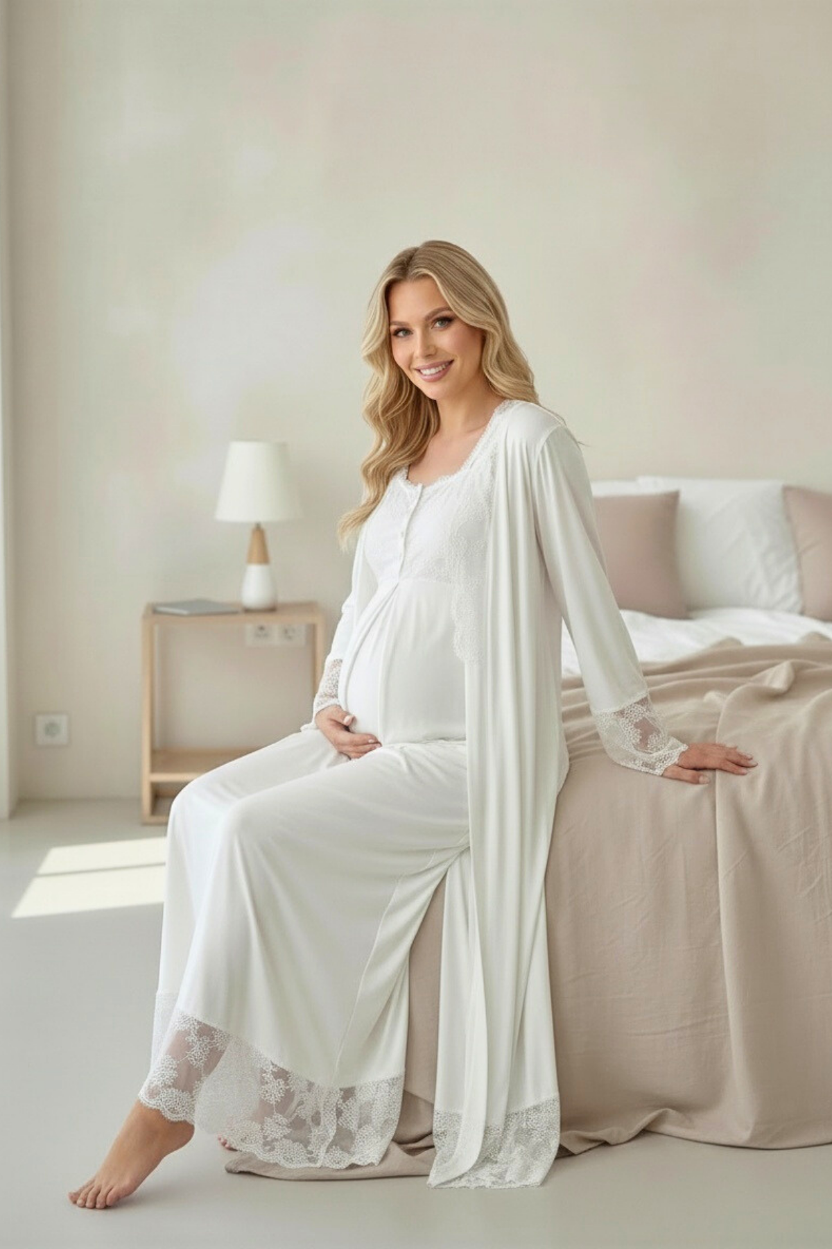 Yeni Sezon Ekru Tasarım Brodeli Sabahlıklı Lohusa Gecelik Takımı-2005