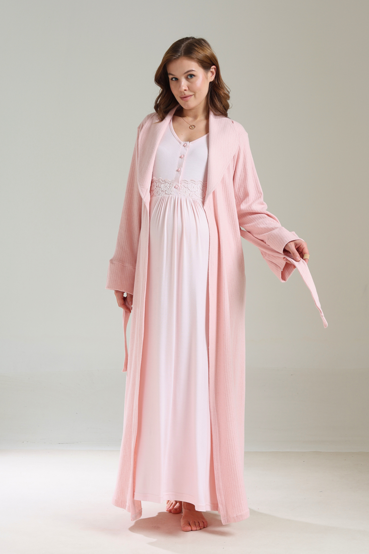 Kalın Kışlık Yumuşak Dokulu Pudra Sabahlıklı Lohusa Gecelik Takımı 1037