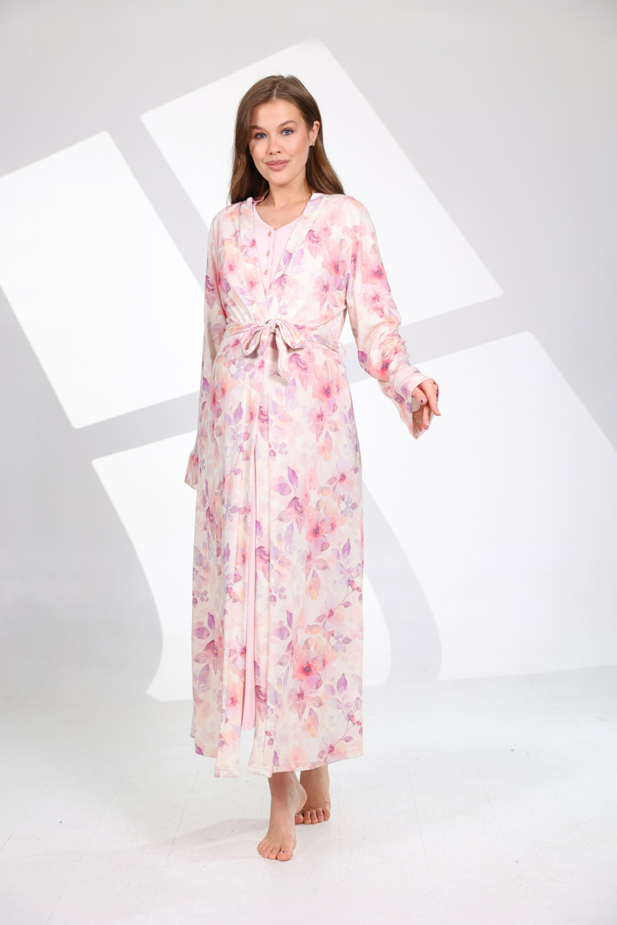 Çiçek Desenli Yumuşak Dokulu Sabahlıklı Lohusa Gecelik Takımı- 700