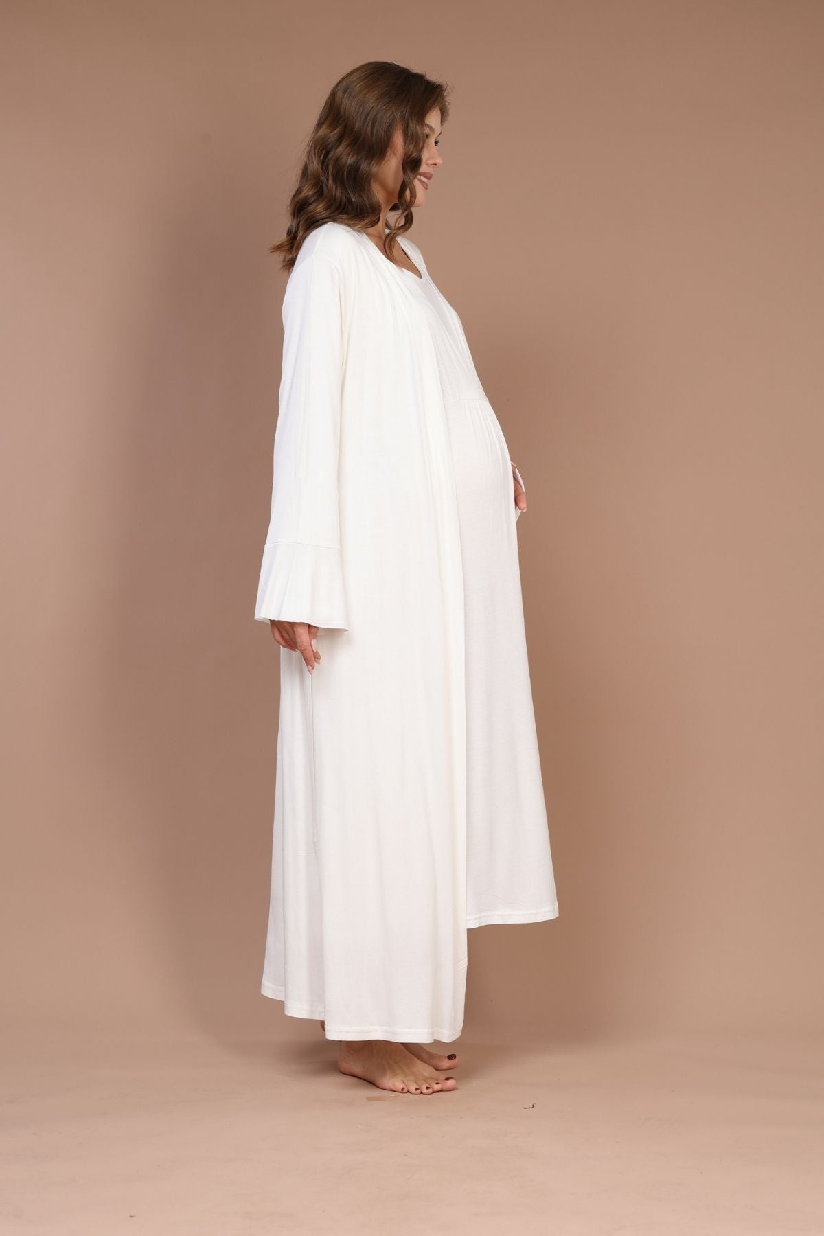 Ekru Tam Boy Sade Sabahlıklı Kruvaze Lohusa Gecelik Takımı - 621