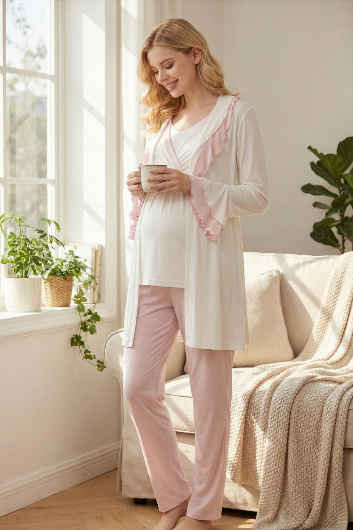Yeni Sezon Fırfır Yakalı Pembe Detay Sabahlıklı Kruvaze Pijama Takımı-2012