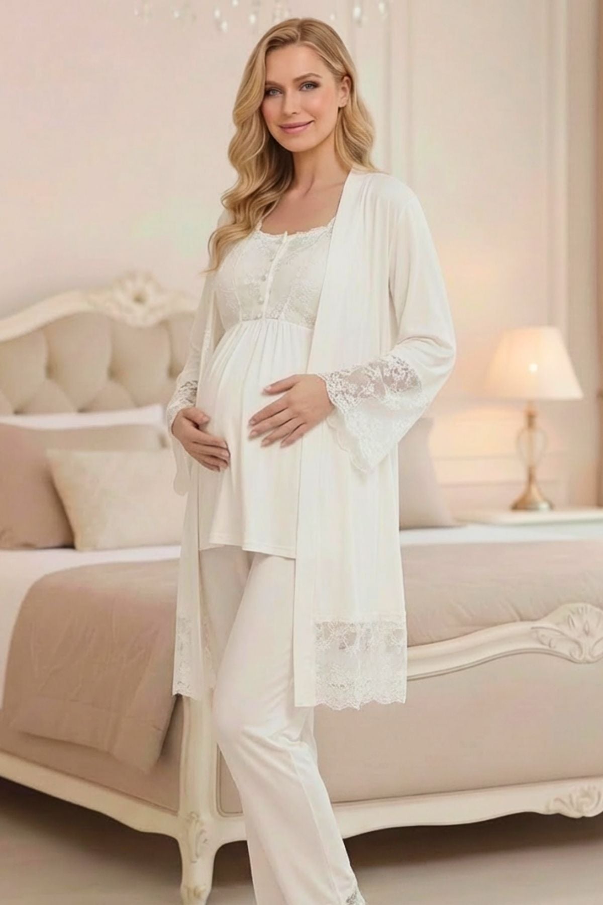 Yeni Sezon Ekru Brodeli Tasarım Sabahlıklı Lohusa Pijama Takımı-2025