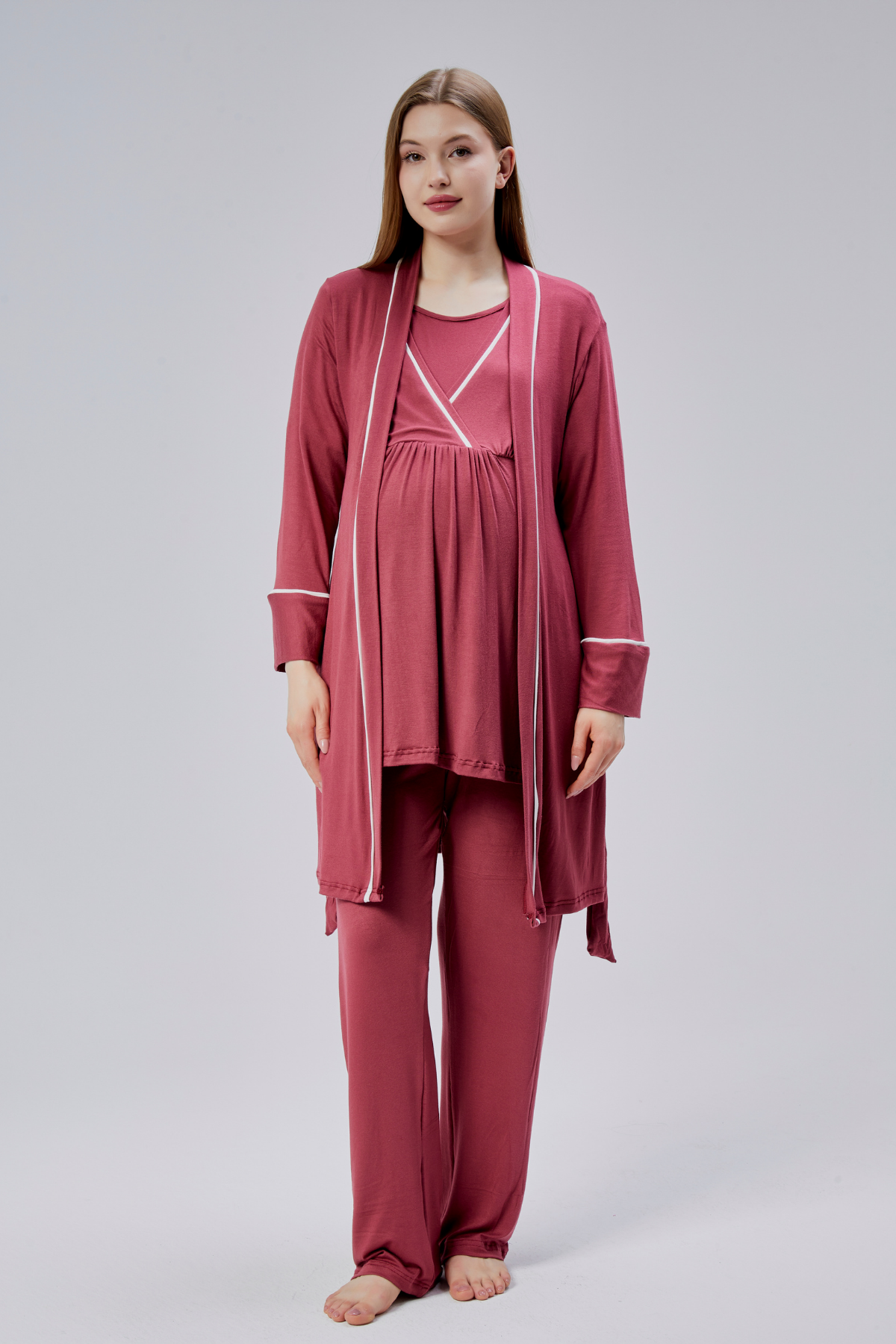 Narçiçeği Biyeli Sabahlıklı Lohusa Pijama Takımı-0810