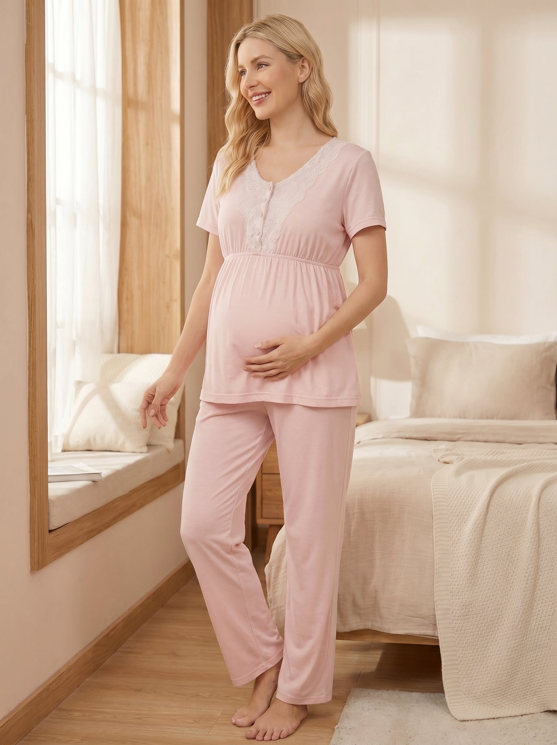 Yeni Sezon Pembe Çizgili Sabahlıklı Lohusa Pijama Takımı-2053