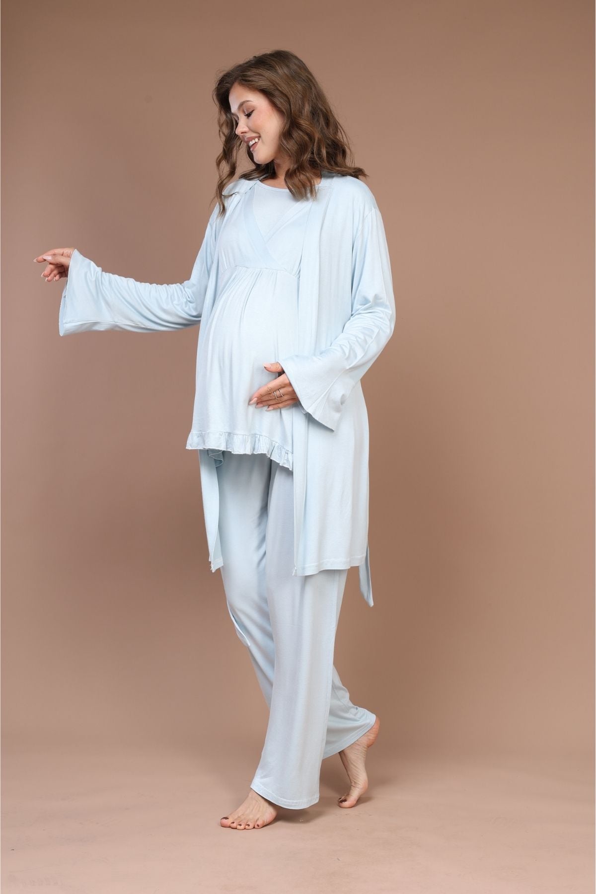 Mavi Kruvaze Sade Uzun Kollu Sabahlıklı Lohusa Pijama Takımı - 625 -