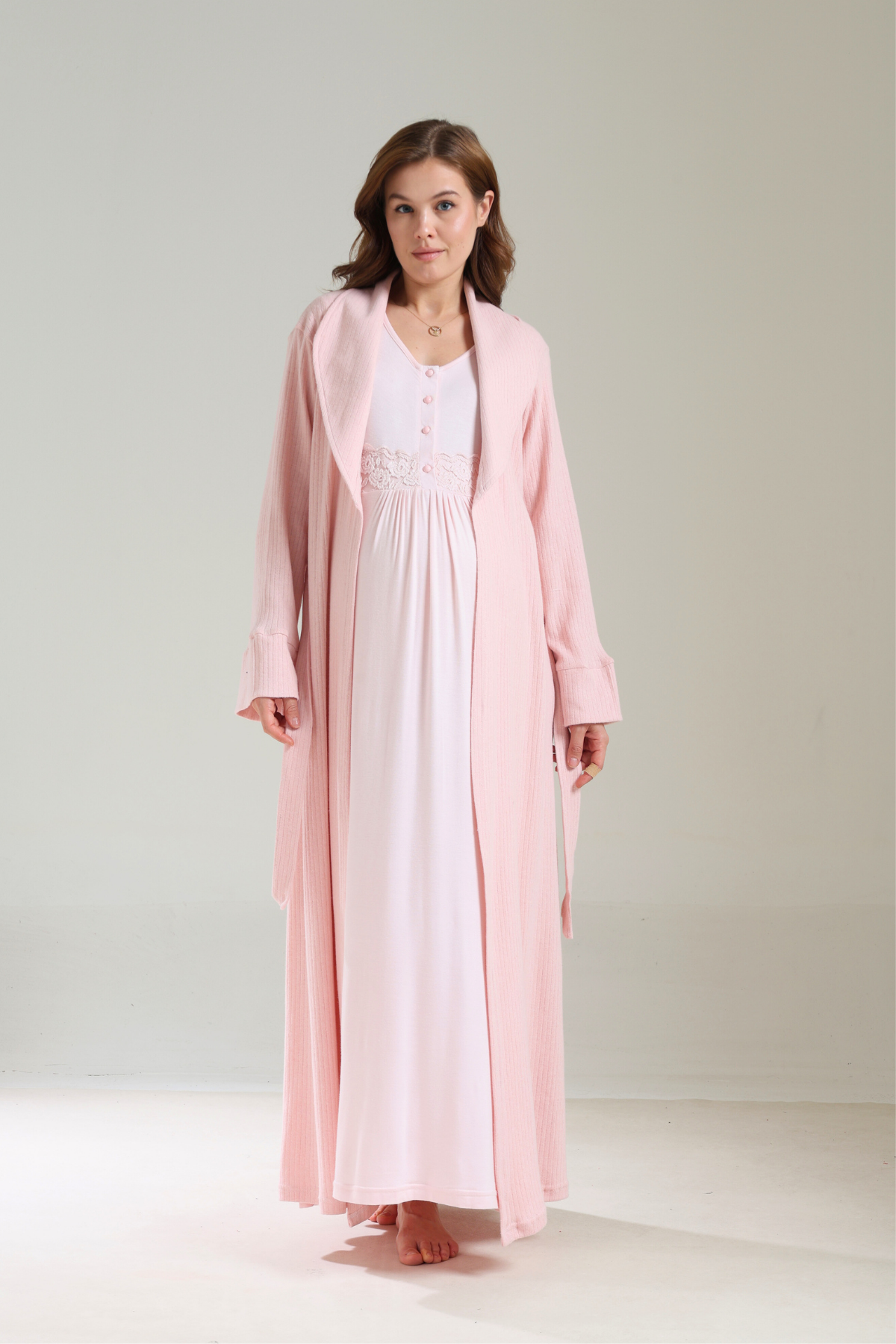 Kalın Kışlık Yumuşak Dokulu Pudra Sabahlıklı Lohusa Gecelik Takımı 1037