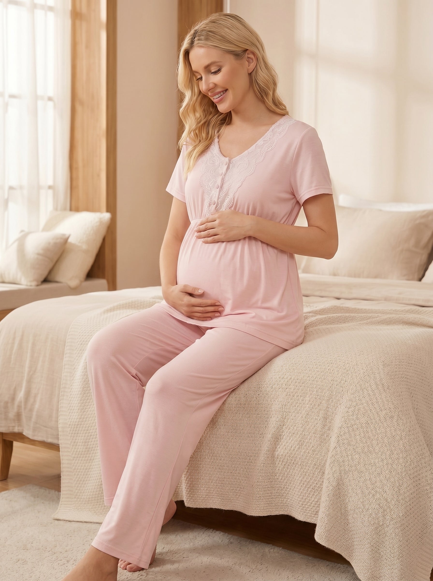 Yeni Sezon Pembe Çizgili Sabahlıklı Lohusa Pijama Takımı-2053