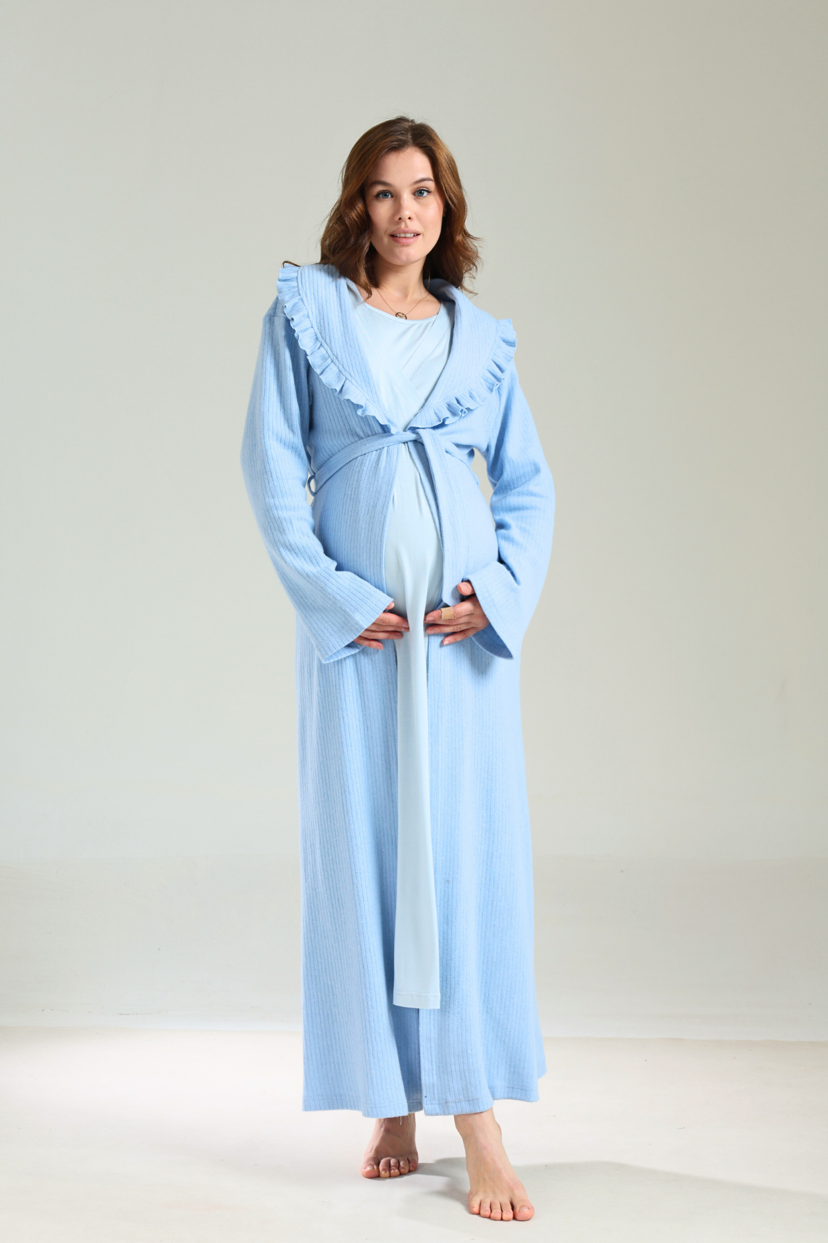 Mavi Bebe Yaka Kalın Yumuşak Sabahlıklı Lohusa Gecelik Takımı 1038