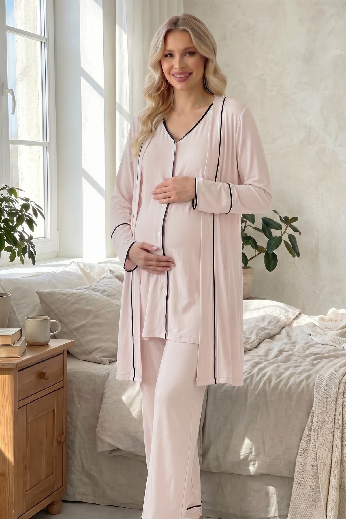 Yeni Sezon Pembe Önden Düğmeli Sabahlıklı Lohusa Pijama Takımı-2038