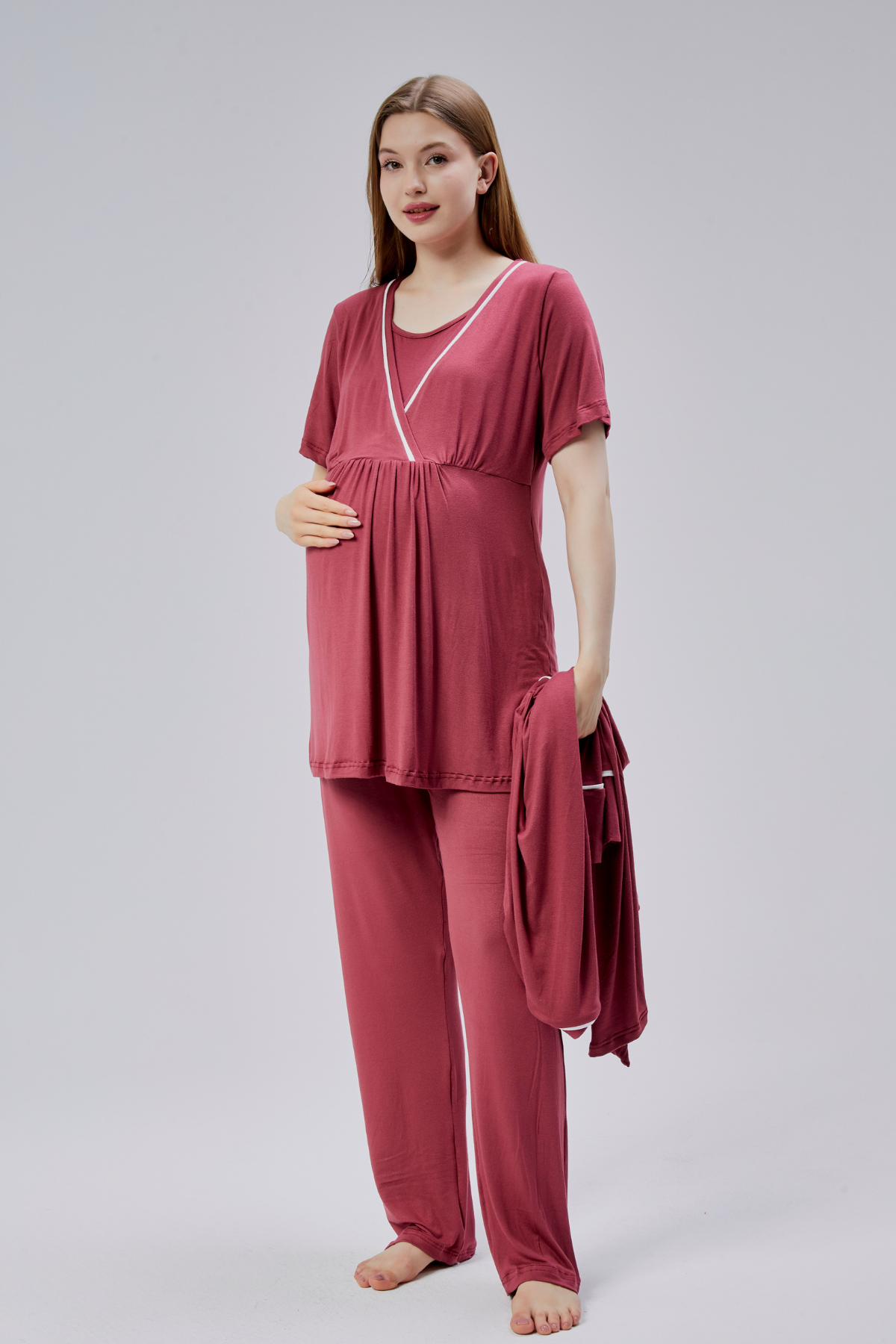 Narçiçeği Biyeli Sabahlıklı Lohusa Pijama Takımı-0810