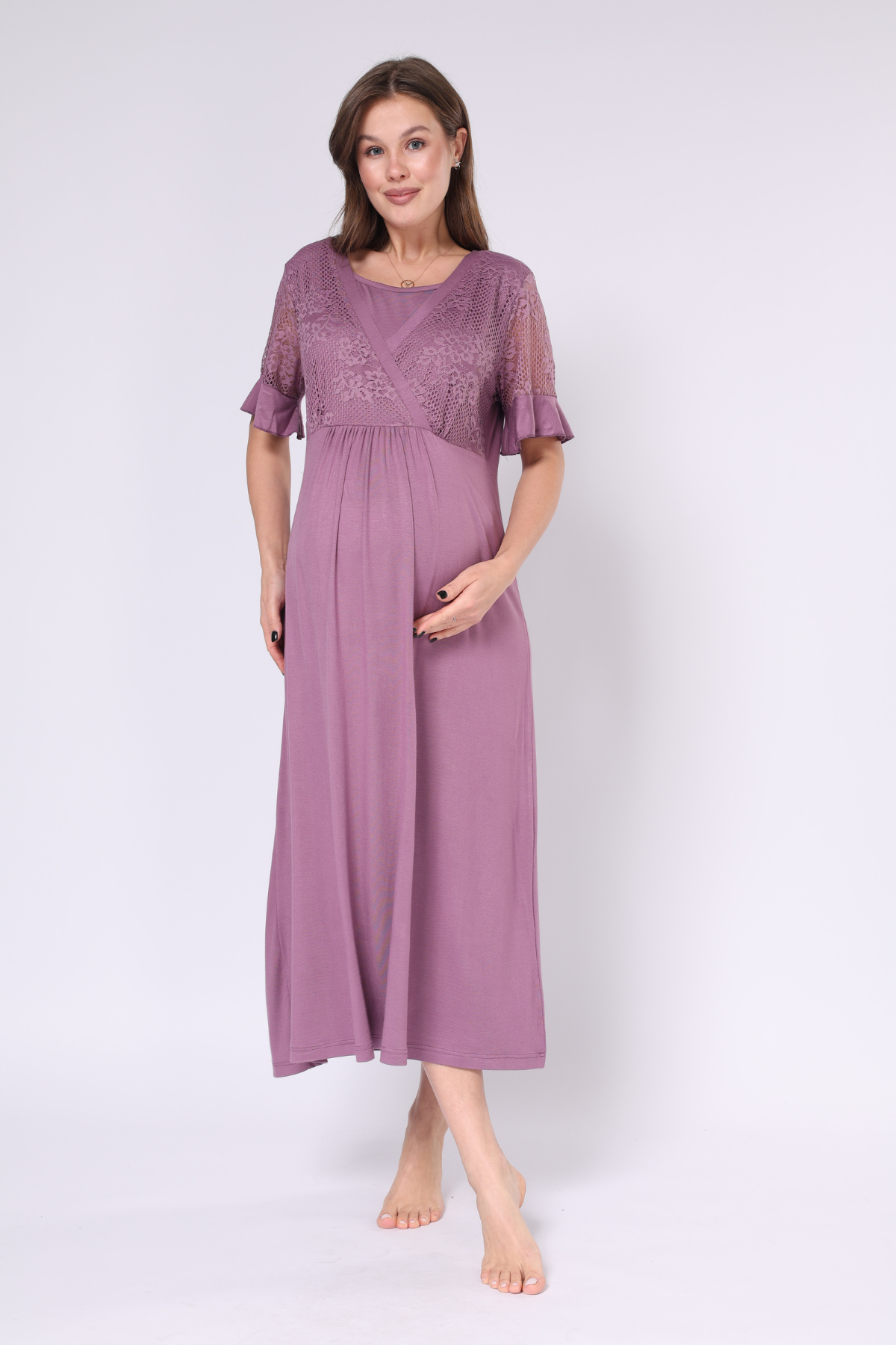 Mürdüm Dantel Detaylı Tasarım Sabahlıklı Kruvaze Lohusa Gecelik Takımı - 551