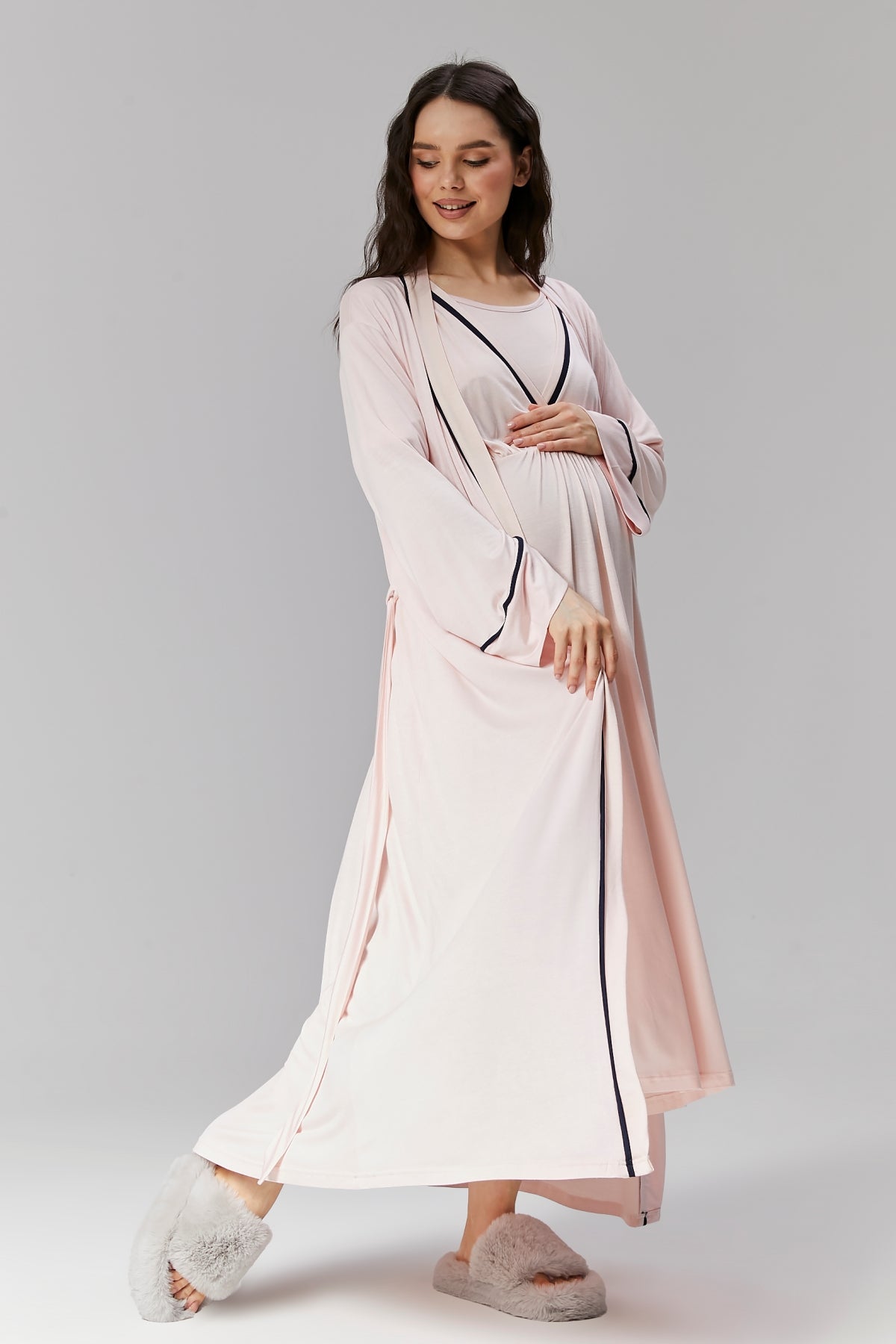 Pembe Biyeli Sabahlıklı Kruvaze Lohusa Gecelik Takımı