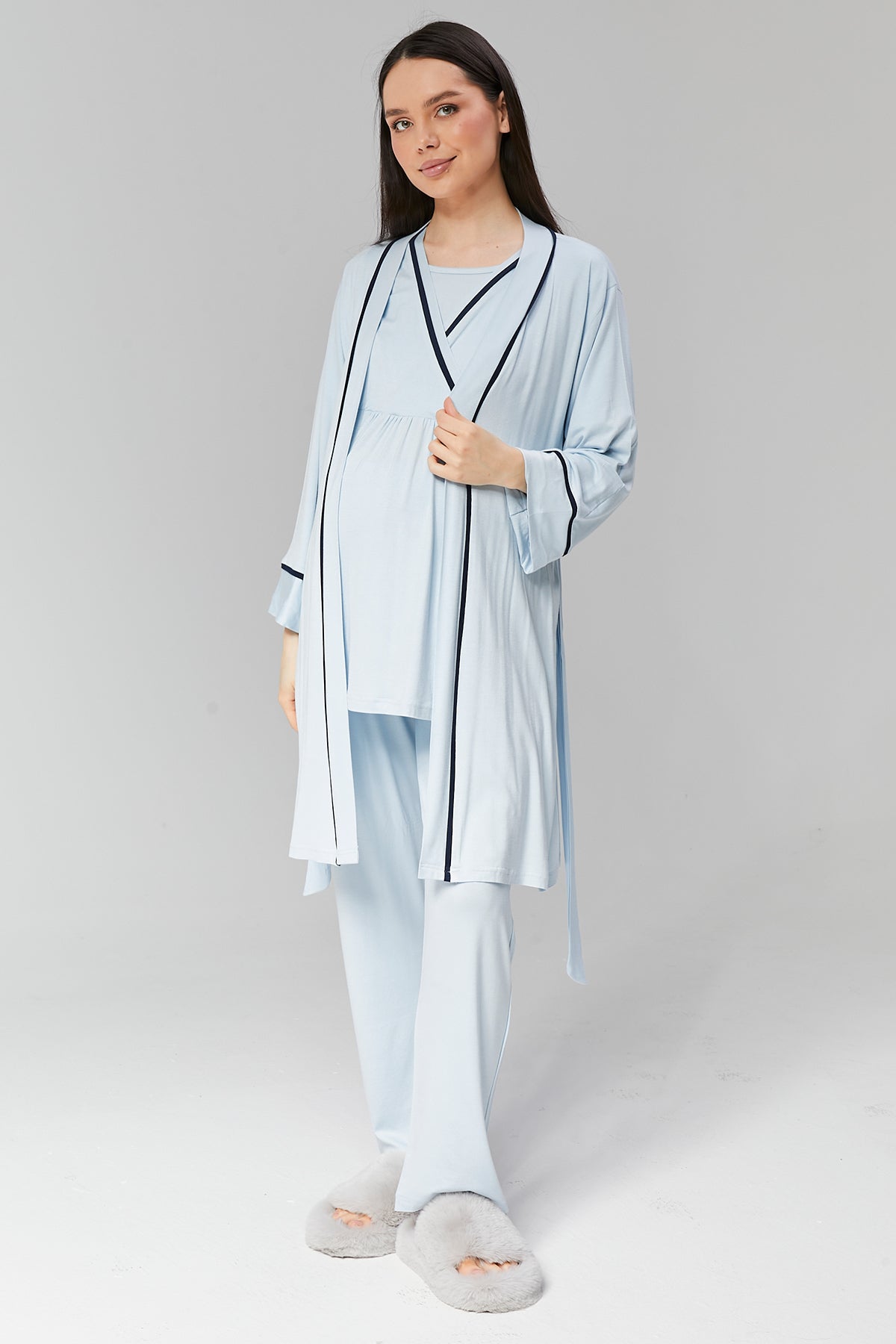 Mavi Biye Geçişli Sabahlıklı Kruvaze Lohusa Pijama Takımı