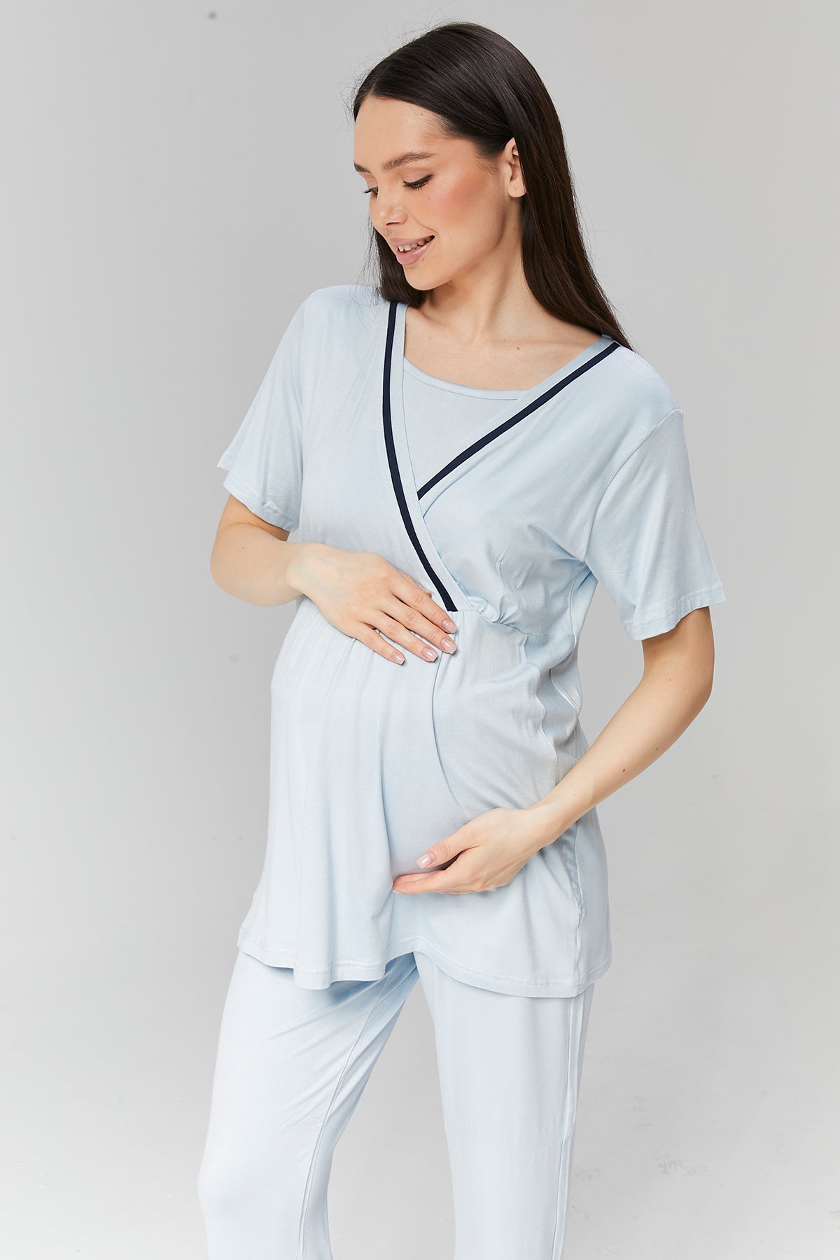 Mavi Biye Geçişli Sabahlıklı Kruvaze Lohusa Pijama Takımı