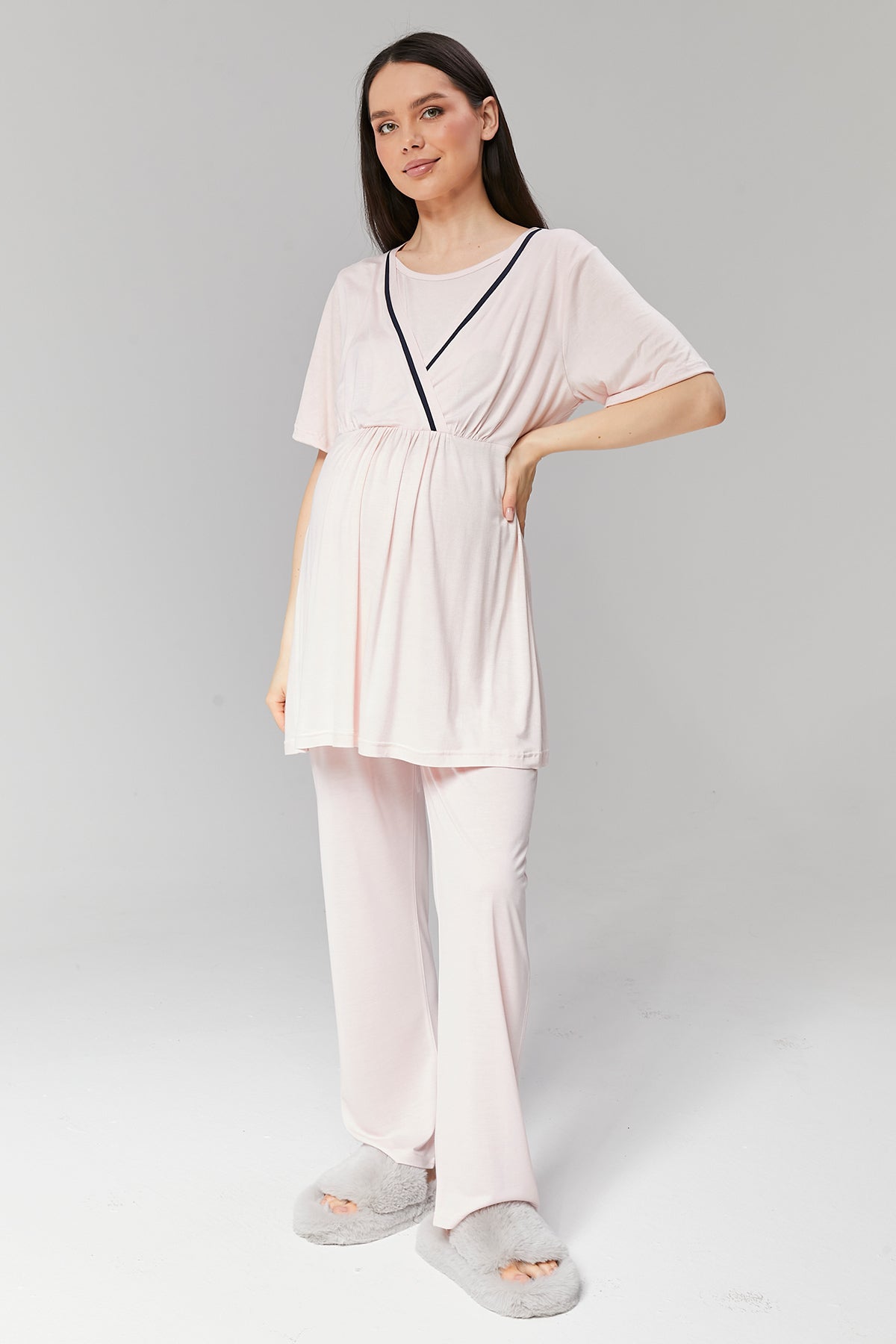 Pembe Biyeli Sabahlıklı Kruvaze Lohusa Pijama Takımı