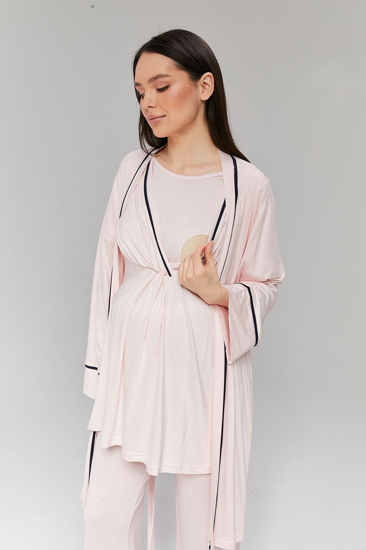 Pembe Biyeli Sabahlıklı Kruvaze Lohusa Pijama Takımı