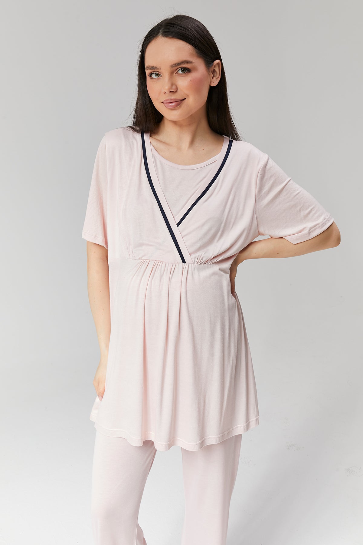 Pembe Biyeli Sabahlıklı Kruvaze Lohusa Pijama Takımı