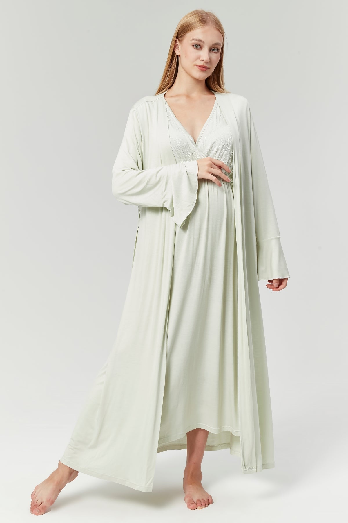 Mint Yeşili Sabahlıklı Dantelli Kruvaze Lohusa Gecelik Takımı - 525