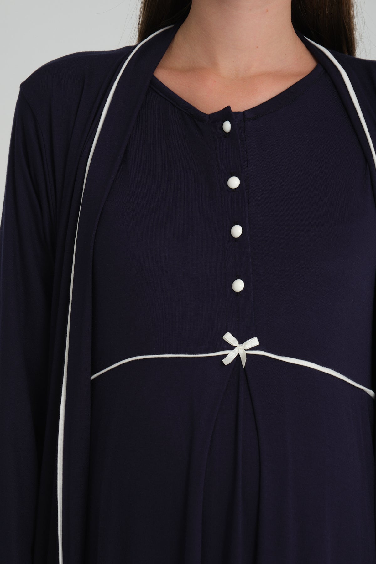 Lacivert Biyeli Sabahlıklı Lohusa Gecelik Takımı - 535