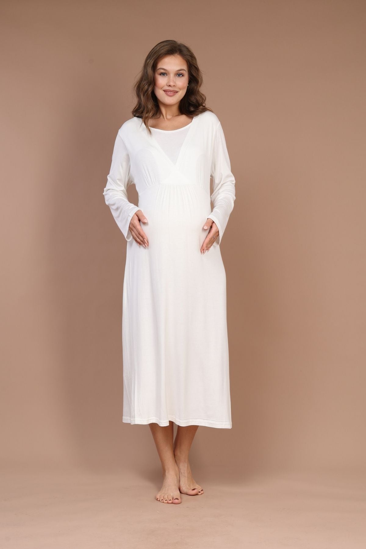 Ekru Tam Boy Sade Sabahlıklı Kruvaze Lohusa Gecelik Takımı - 621