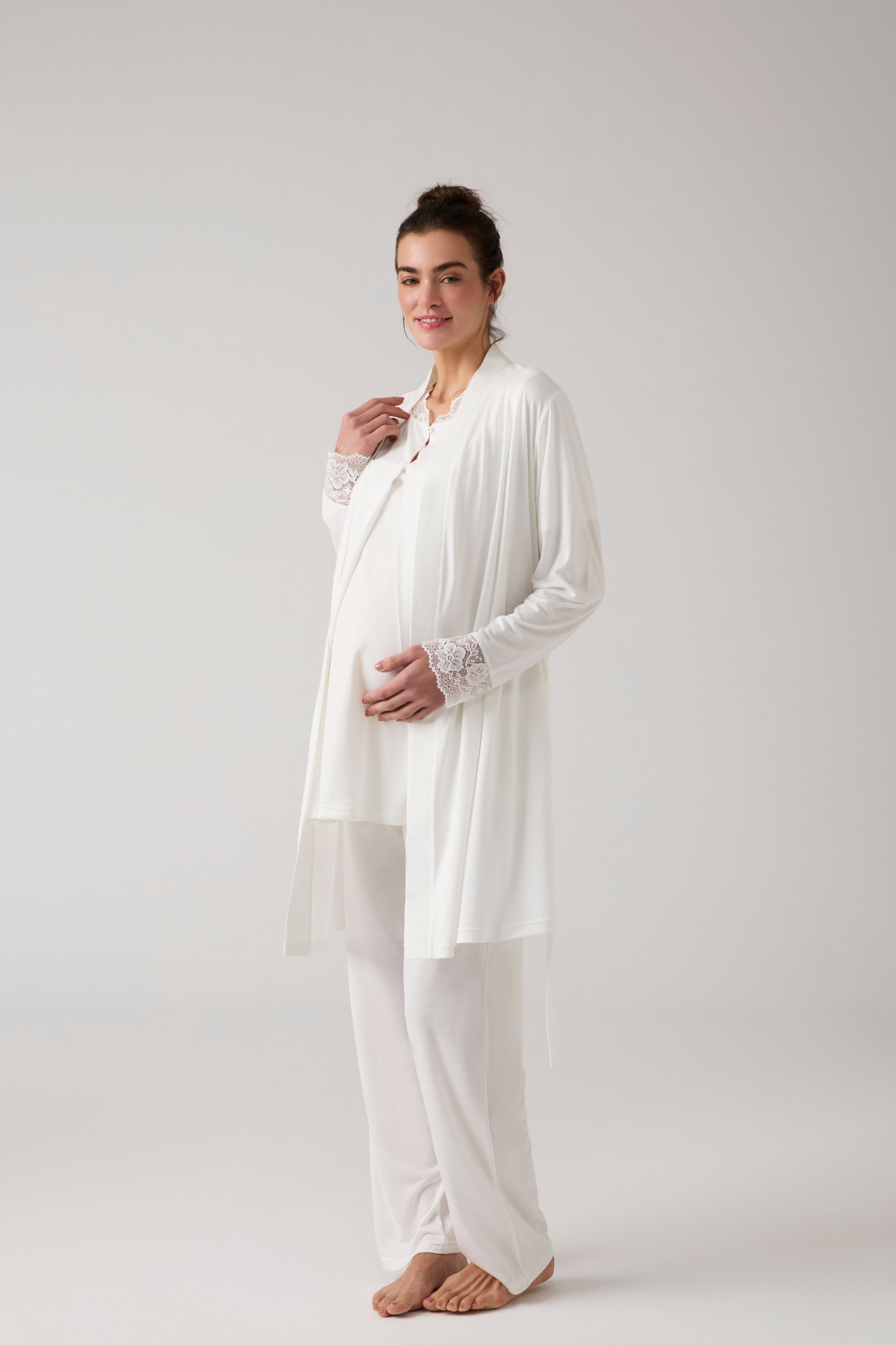 Ekru Gizli Emzirme Cepli Sabahlıklı Lohusa Pijama Takımı 1020