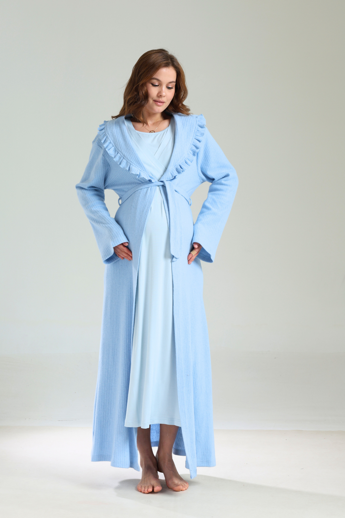 Mavi Bebe Yaka Kalın Yumuşak Sabahlıklı Lohusa Gecelik Takımı 1038
