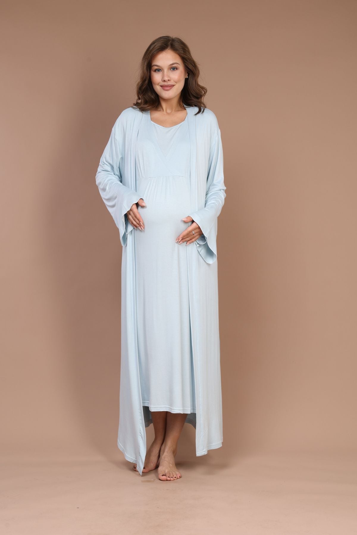 Mavi Tam Boy Sade Sabahlıklı Kruvaze Lohusa Gecelik Takımı - 622