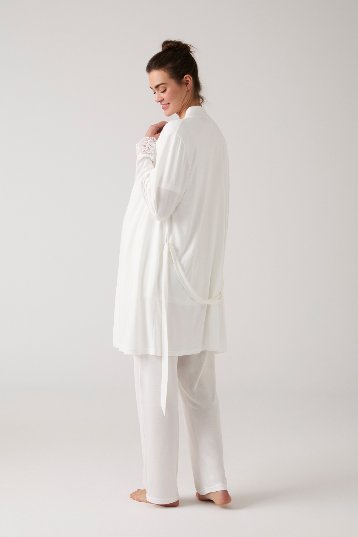 Ekru Gizli Emzirme Cepli Sabahlıklı Lohusa Pijama Takımı 1020