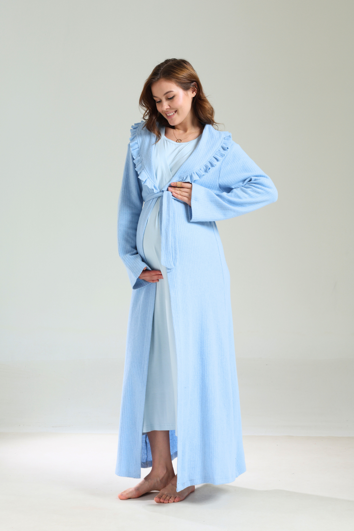 Mavi Bebe Yaka Kalın Yumuşak Sabahlıklı Lohusa Gecelik Takımı 1038