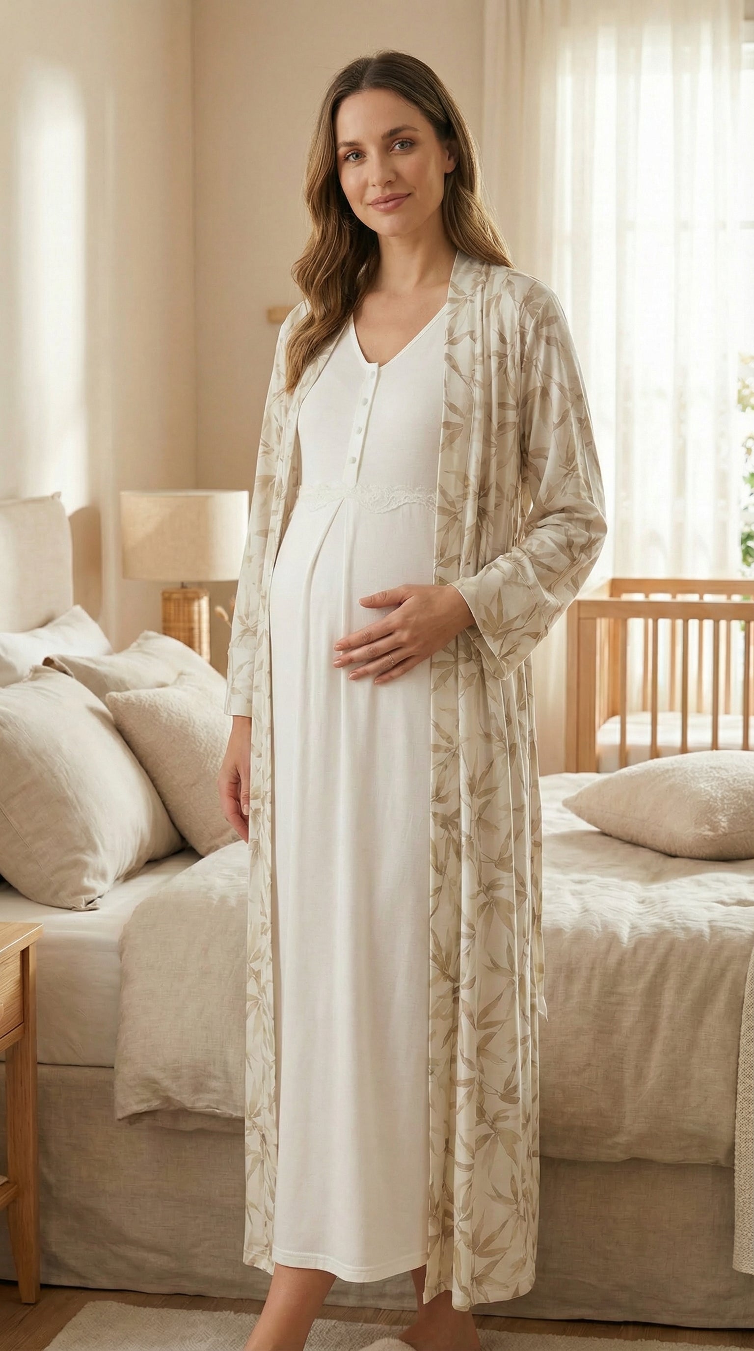 Olive Desen Yumuşak Dokulu Sabahlıklı Lohusa Gecelik Takımı- 701