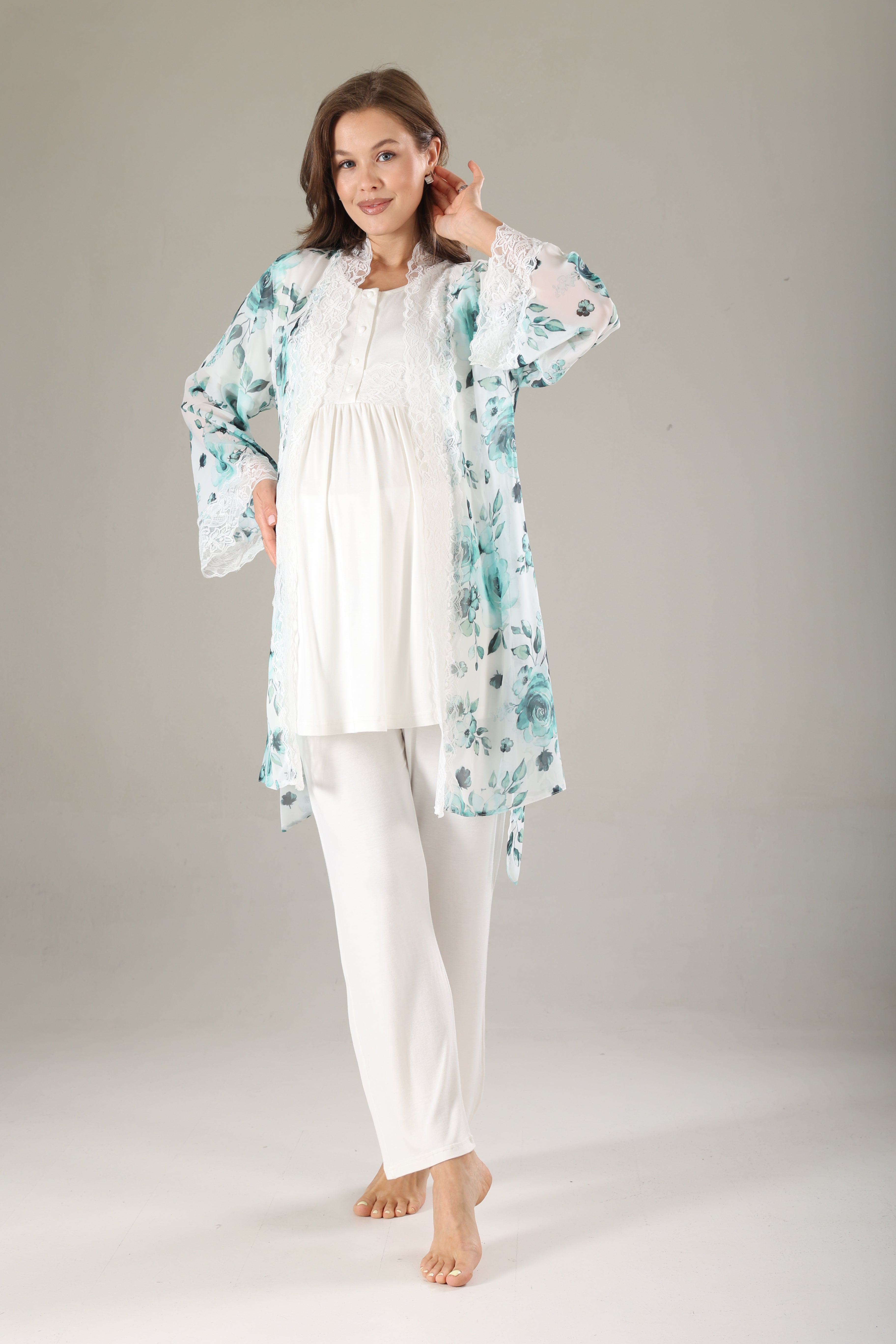 Mint Desenli Şifon Sabahlıklı Lohusa Pijama Takımı 811