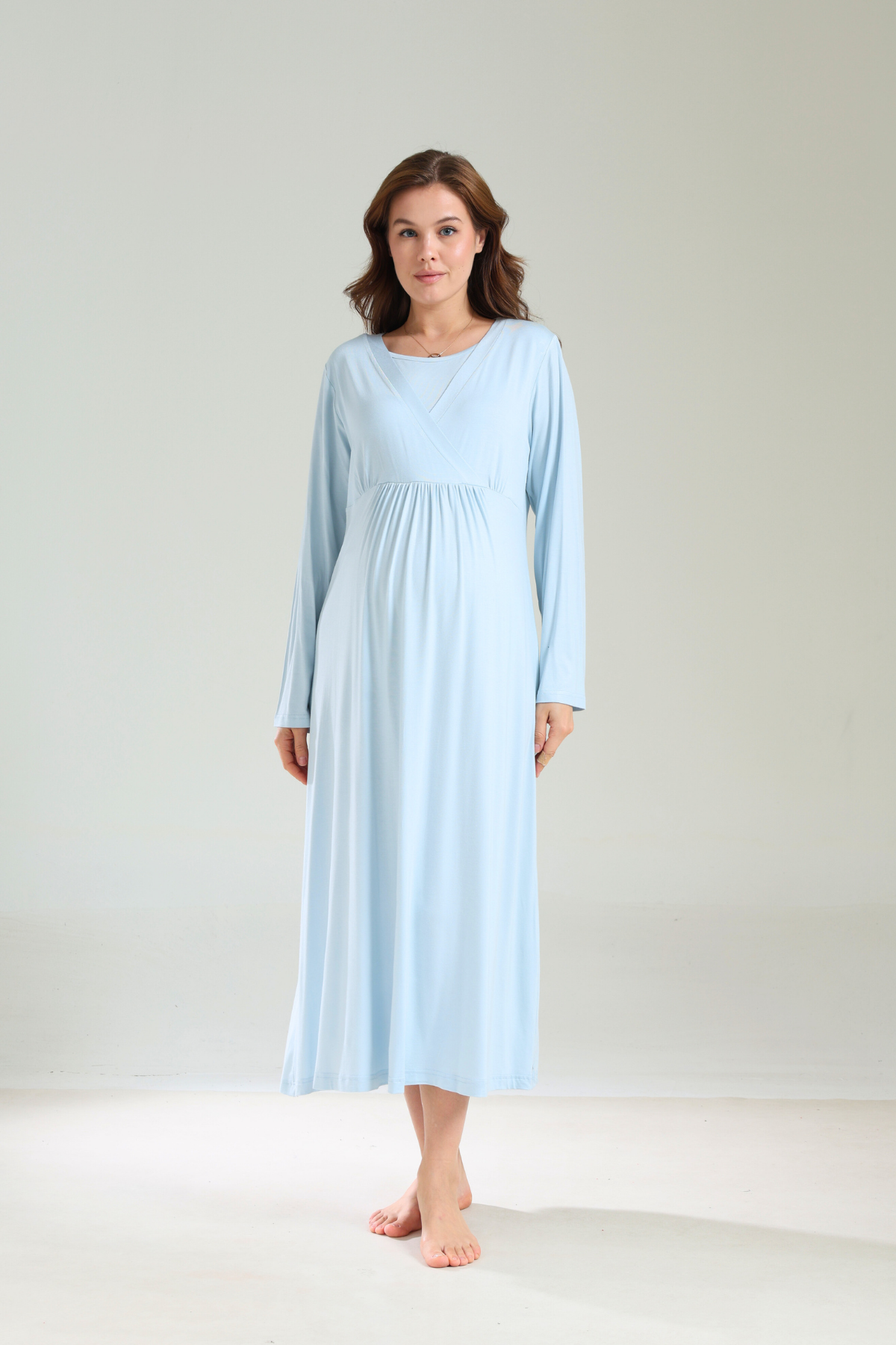 Mavi Bebe Yaka Kalın Yumuşak Sabahlıklı Lohusa Gecelik Takımı 1038