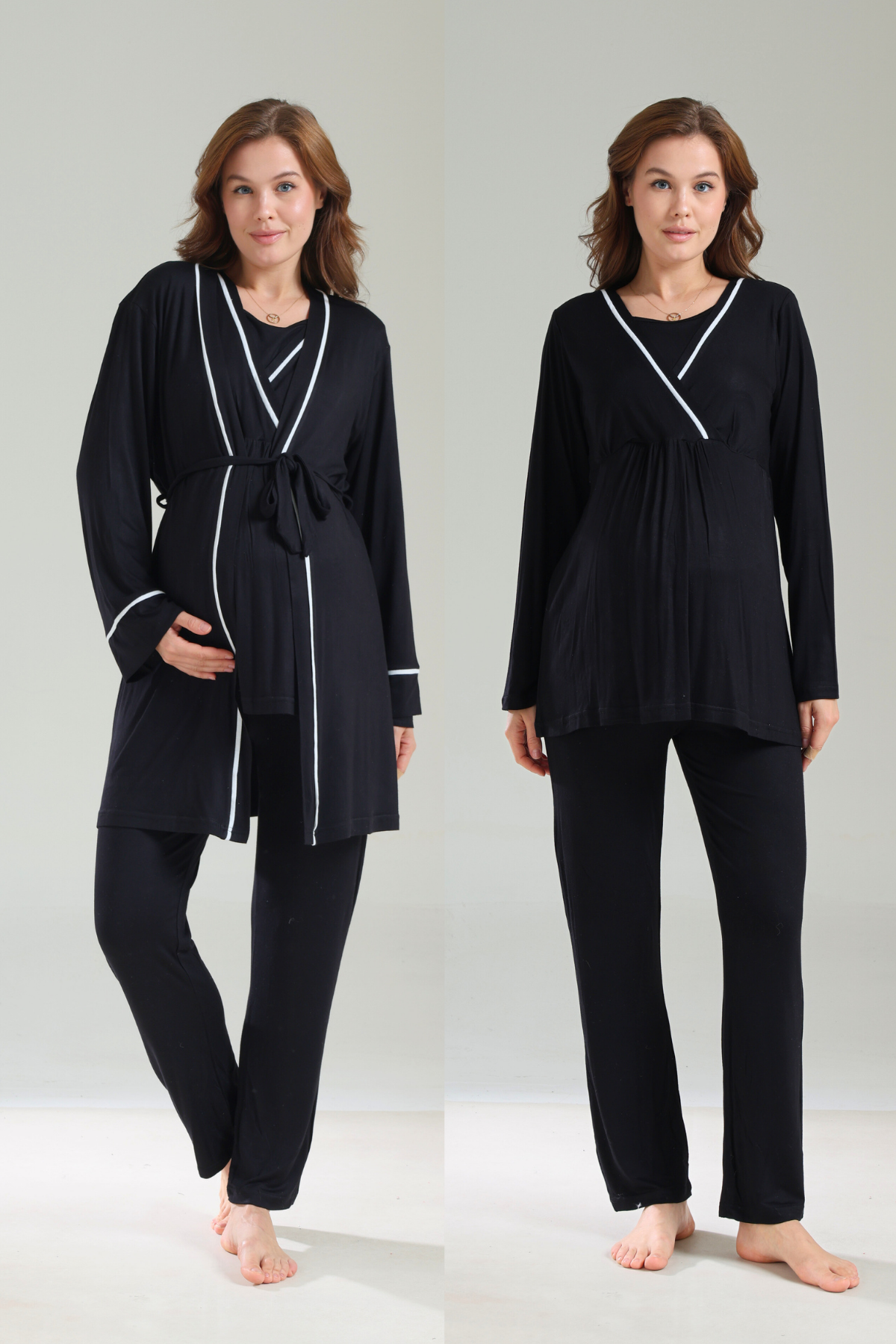 Uzun Kollu Siyah Biyeli Kruvaze Sabahlıklı Lohusa Pijama Takımı 1040