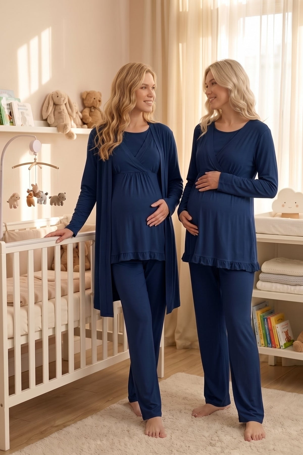 Yeni Sezon Lacivert Kruvaze Sade Uzun Kollu Sabahlıklı Lohusa Pijama Takımı - 651