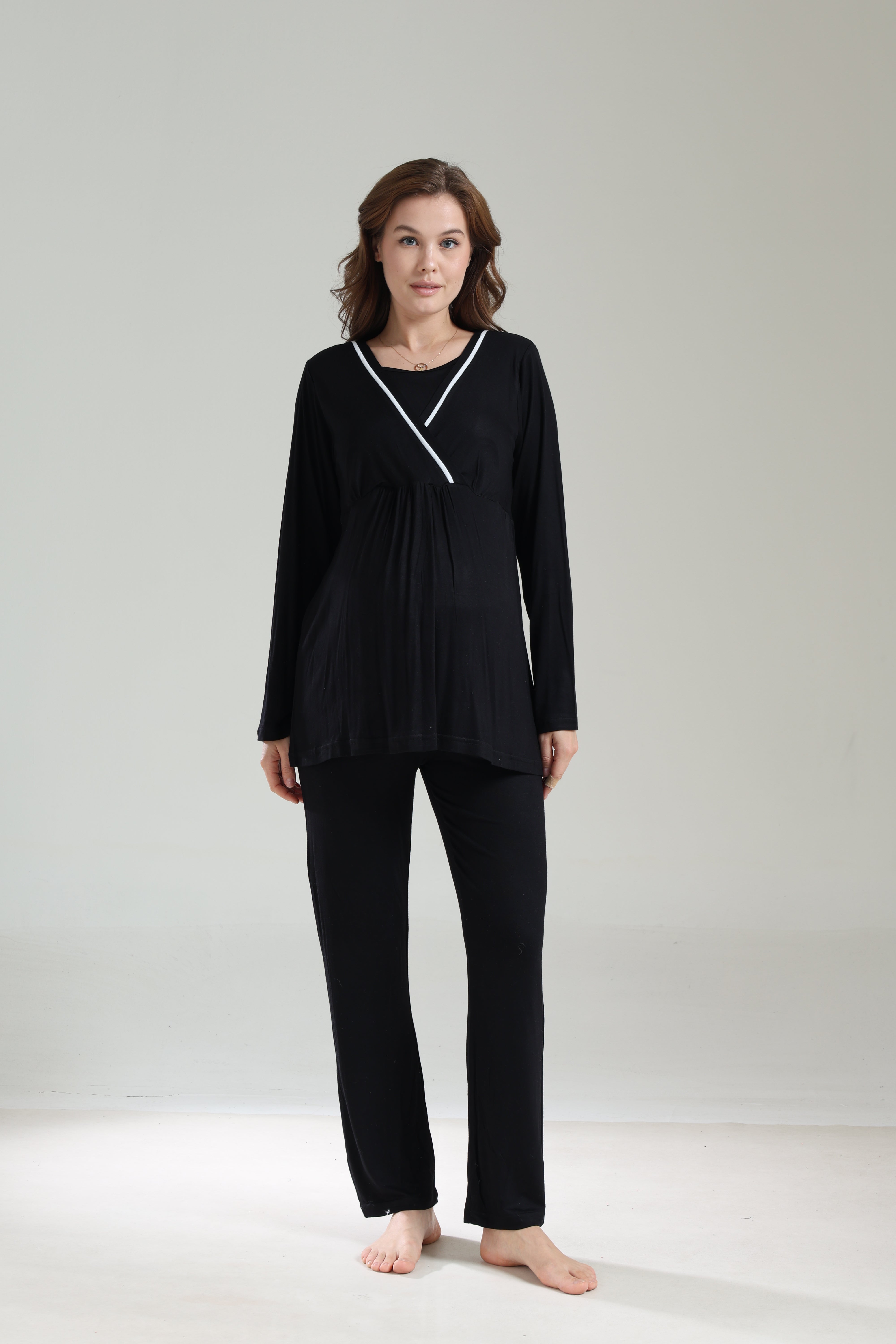 Uzun Kollu Siyah Biyeli Kruvaze Sabahlıklı Lohusa Pijama Takımı 1040