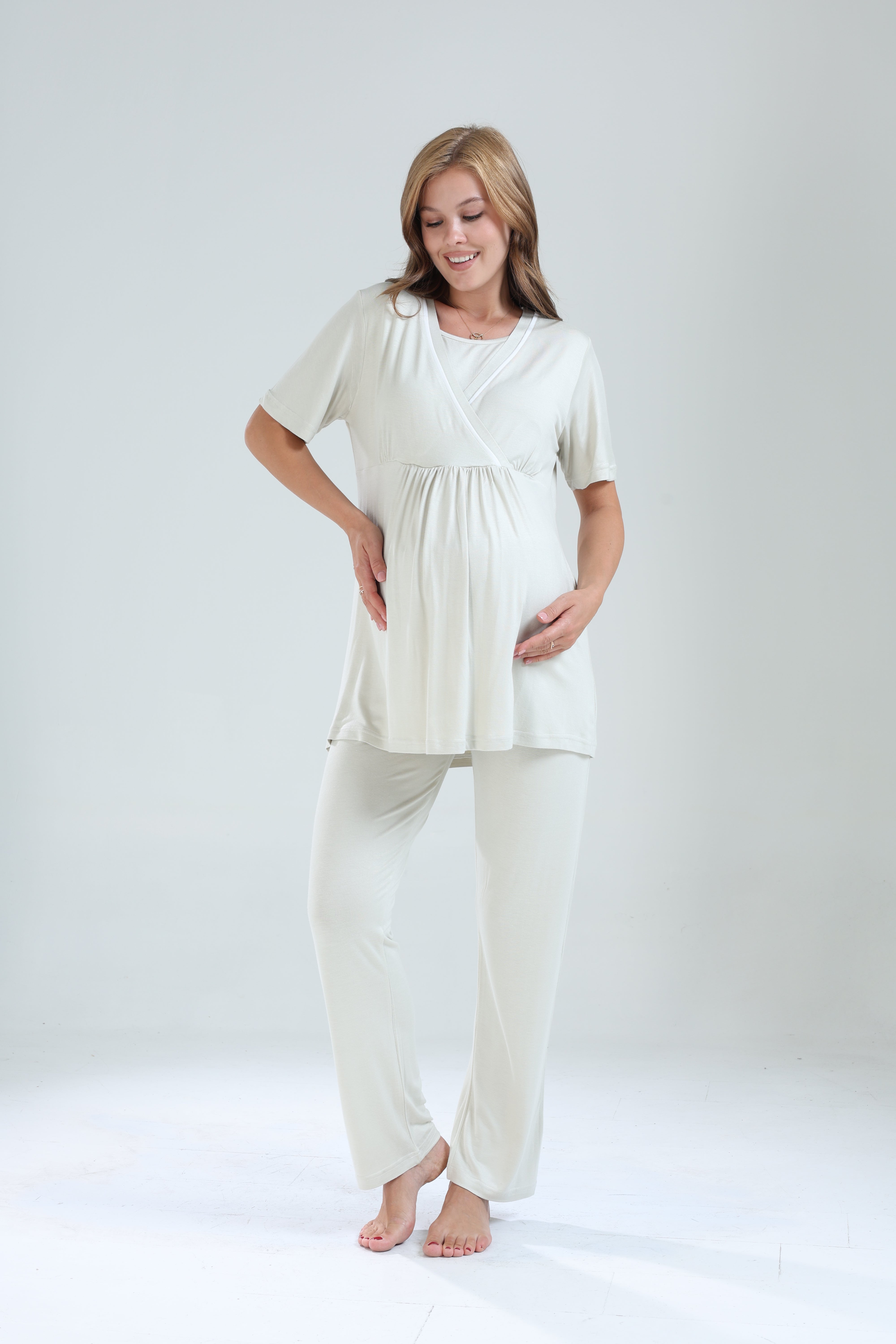 Mint Yeşili Biyeli Sabahlıklı Kruvaze Lohusa Pijama Takımı - 529