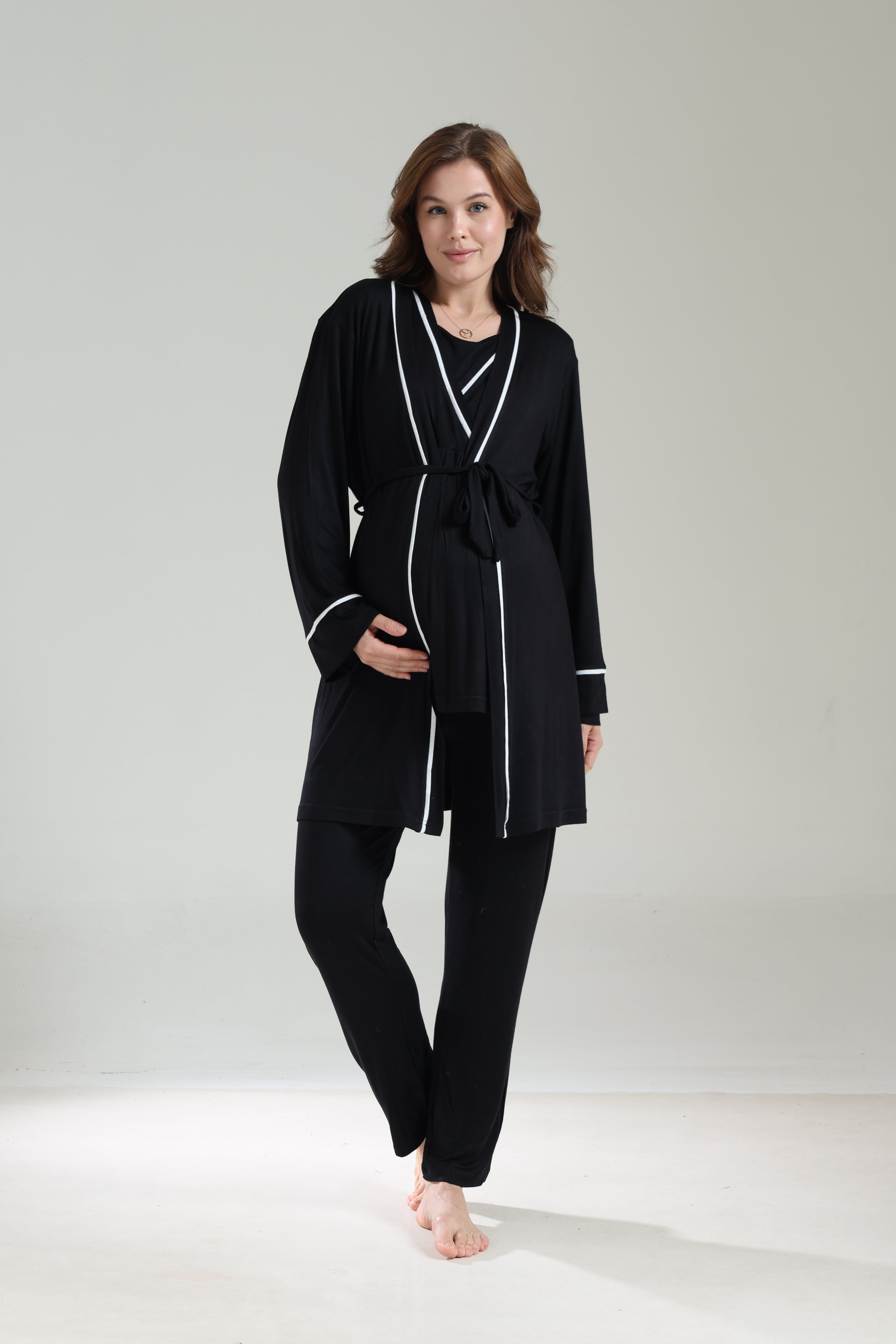 Uzun Kollu Siyah Biyeli Kruvaze Sabahlıklı Lohusa Pijama Takımı 1040