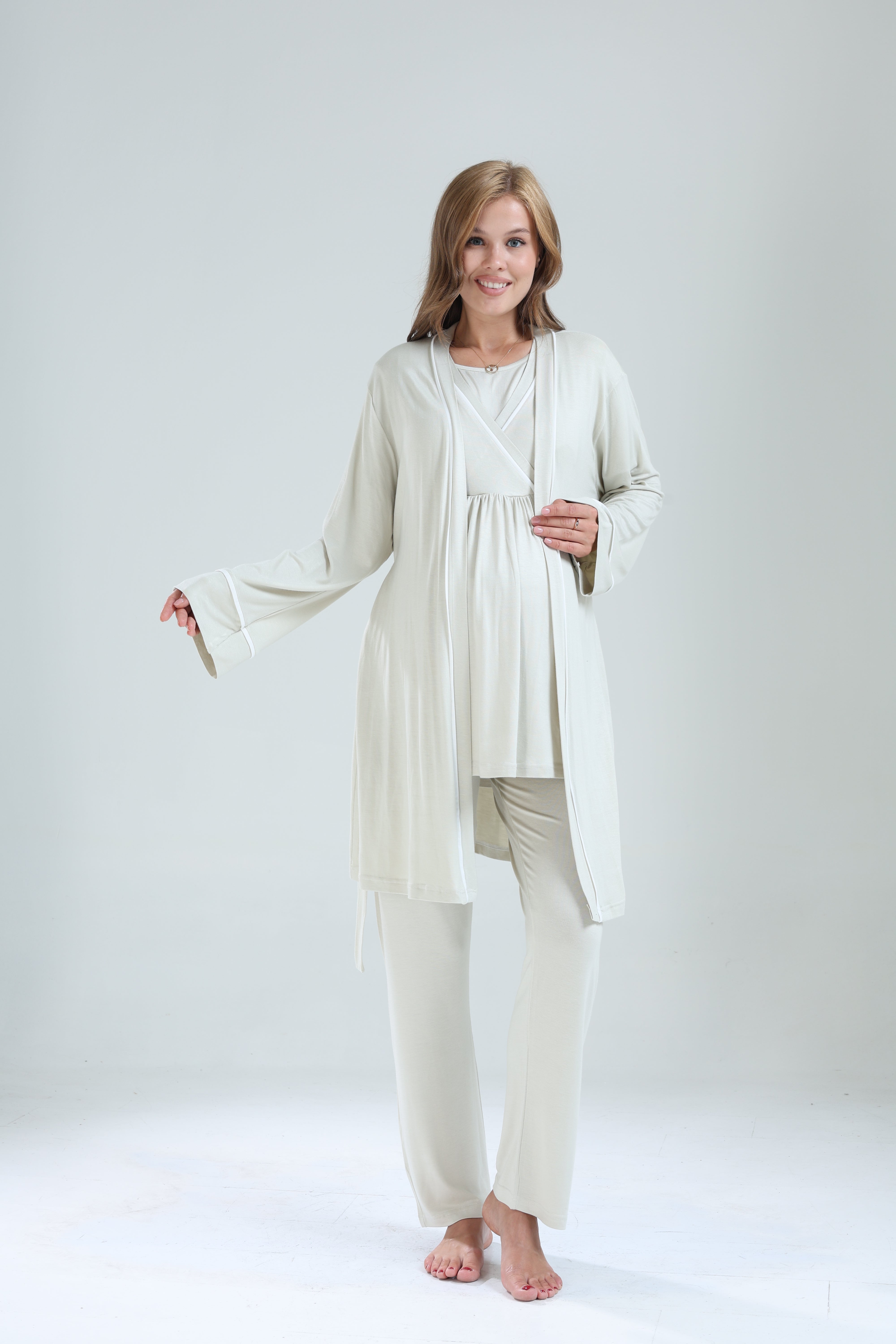 Mint Yeşili Biyeli Sabahlıklı Kruvaze Lohusa Pijama Takımı - 529